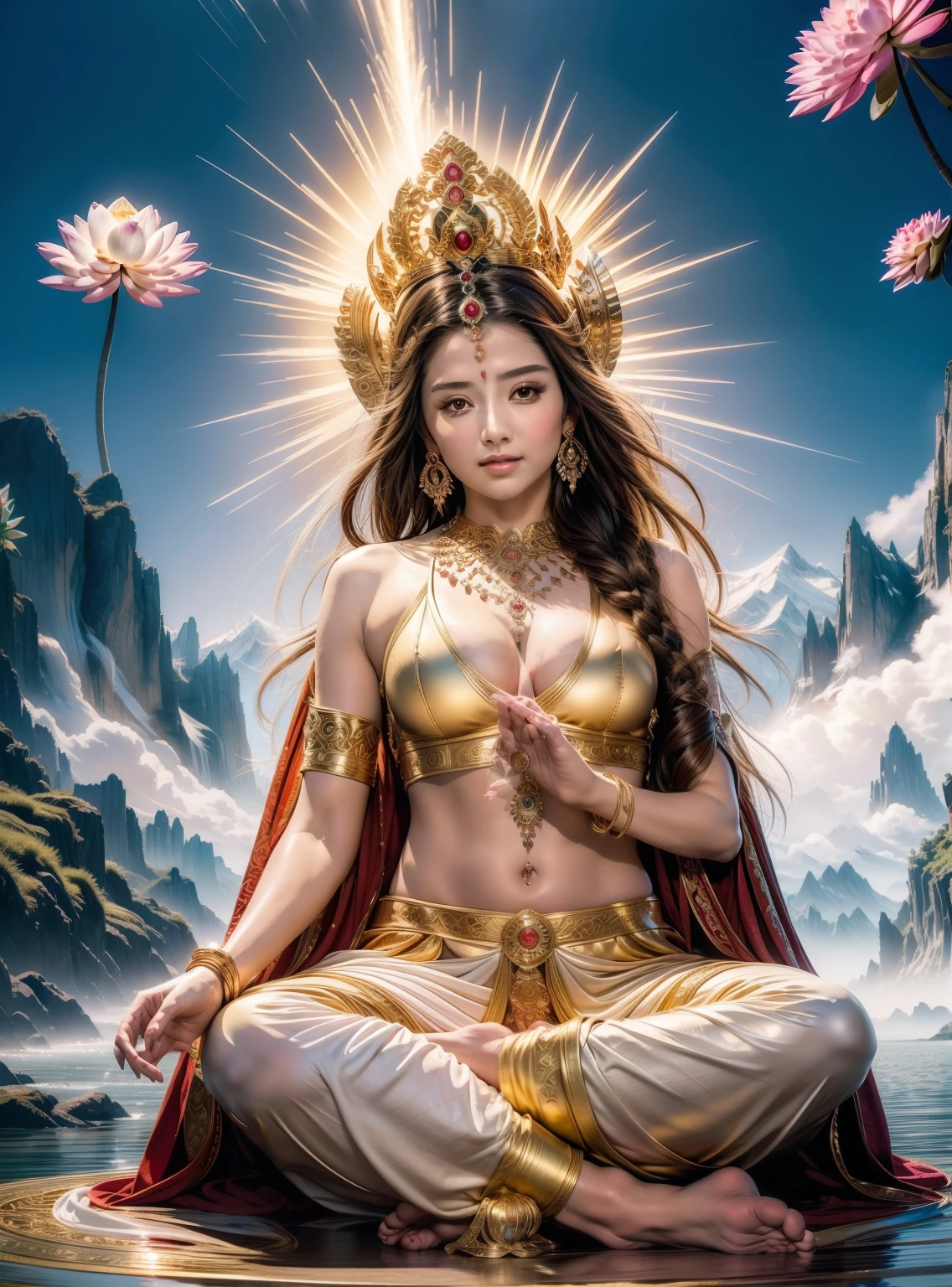 In the sky,The beautiful 16-year-old Princess sits on a white cloud,Wearing a delicate gold crown,beautiful countenance,Pinch the lotus stem with one hand,The skin is fair, delicate and smooth,pale robe,Barefoot on both feet,The corners of the mouth are slightly upturned,Look at the camera with a gentle expression,In the sky garden,Surrounded by colorful clouds,Fantasy space,Gorgeous and noble costumes,The head background lights up,There is a flickering aperture,A colorful world,8k 壁纸,extremely detaile,Amazing Cleavage,tmasterpiece,indian goddess of wealth,Venerable goddess,Beautiful dream world,offcial art,