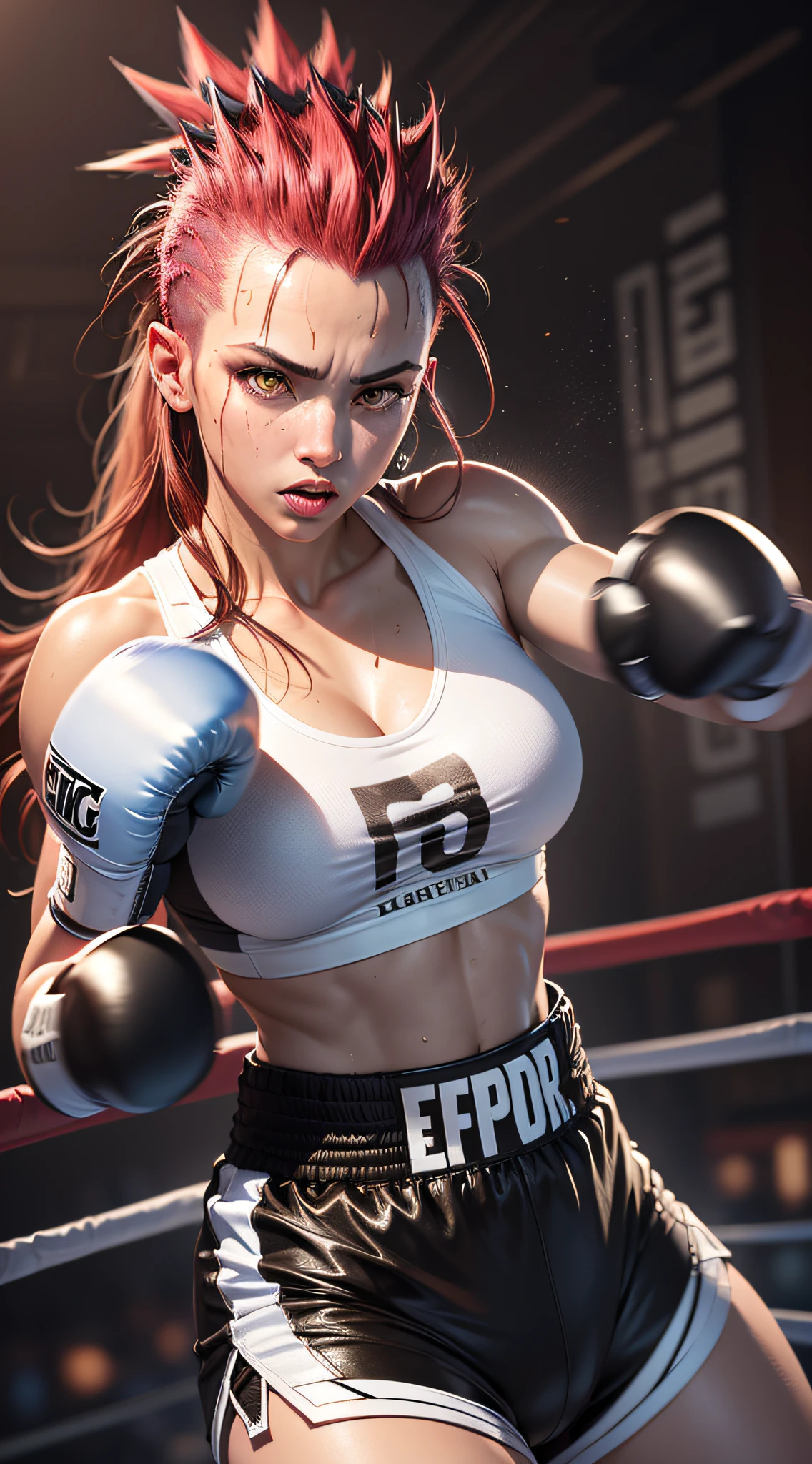 (original), (very detailed wallpaper), (best quality), (masterpiece), Photorealistic, realistic, very detailed illustrations, (1 girl), beautiful yellow eyes, shining eyes, (delicate face), perfect details , ((dark skin)), (better lighting), (super intricate detail), (boxer), (aggressive punches), ((wear boxing gloves)), sweat, heavy breathing, (oppressive strike), (boxing ring), shorts sports white, perfect details, perfect limbs, impact, (glowing skin), abdomen, muscular, waist, boxing shorts, brawl, very long red hair, (epic mohawk:1.3), (super detailed CG: 1.2), (8K: 1.2) , realistic, octane rendering