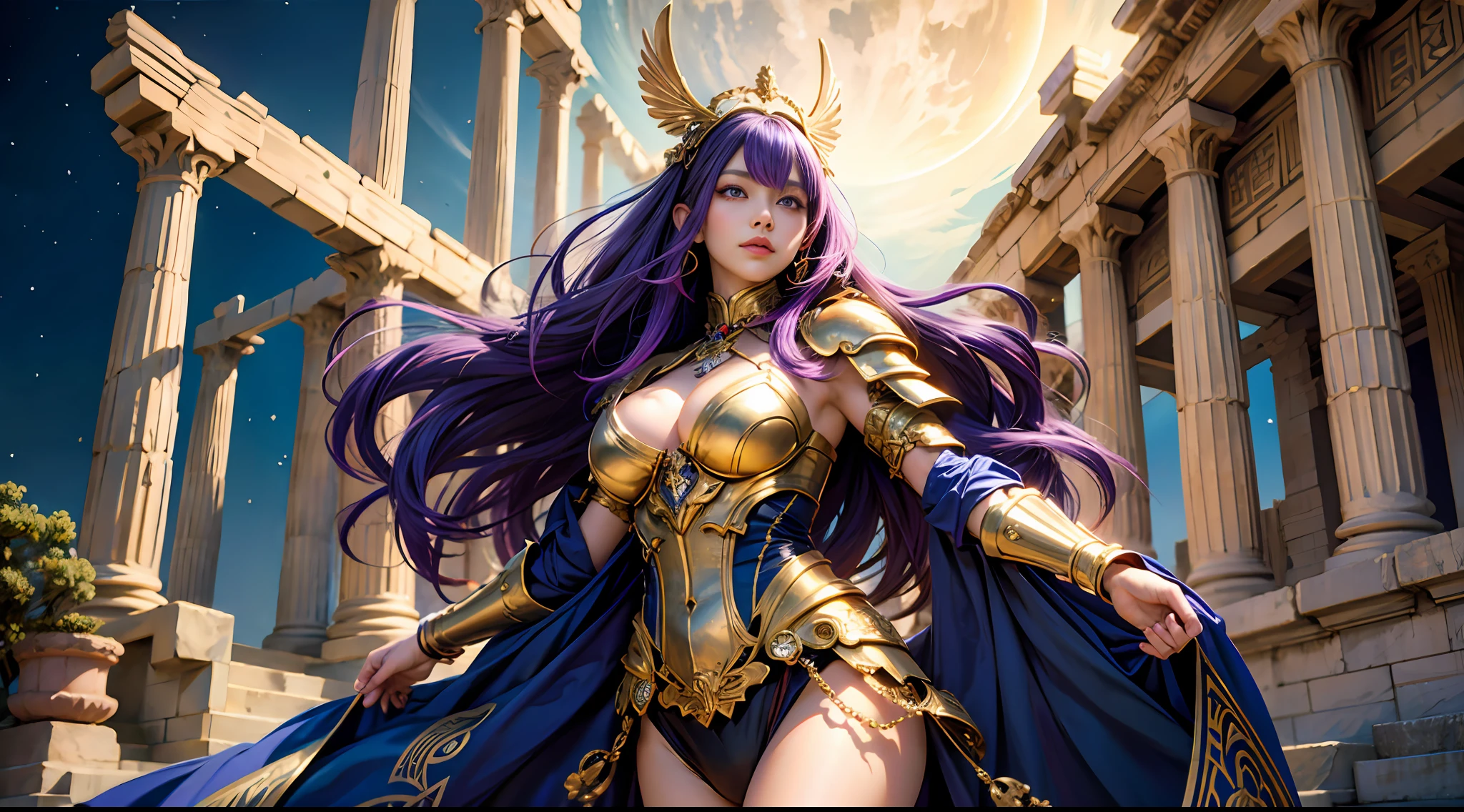 offcial art,统一 8k 壁纸,ultra - detailed,Beauty and aesthetics,high high quality,Valkyrie,tmasterpiece,Best quality at best,(zentangle,datura,Tangles,entangled:0.6),Greek temple,Large breasts,Purple colored hair,Heavy golden armor,complex patterns,magia