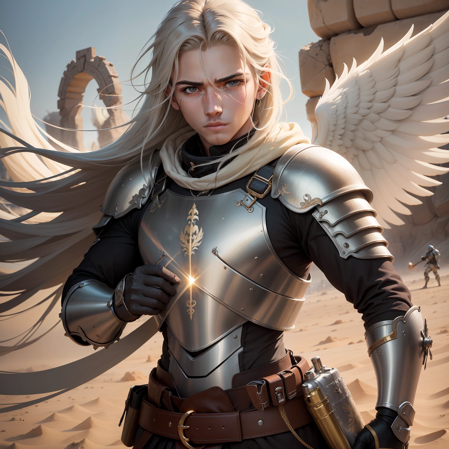 (Detailed description) (melhor qualidade) anjo masculino armadura robusta com detalhes em cruz crista dourado de asas brancas grandes espada em meio uma batalha no deserto arcanjo Miguel, com armadura detalhada cabelos compridos branco e rosto limpo