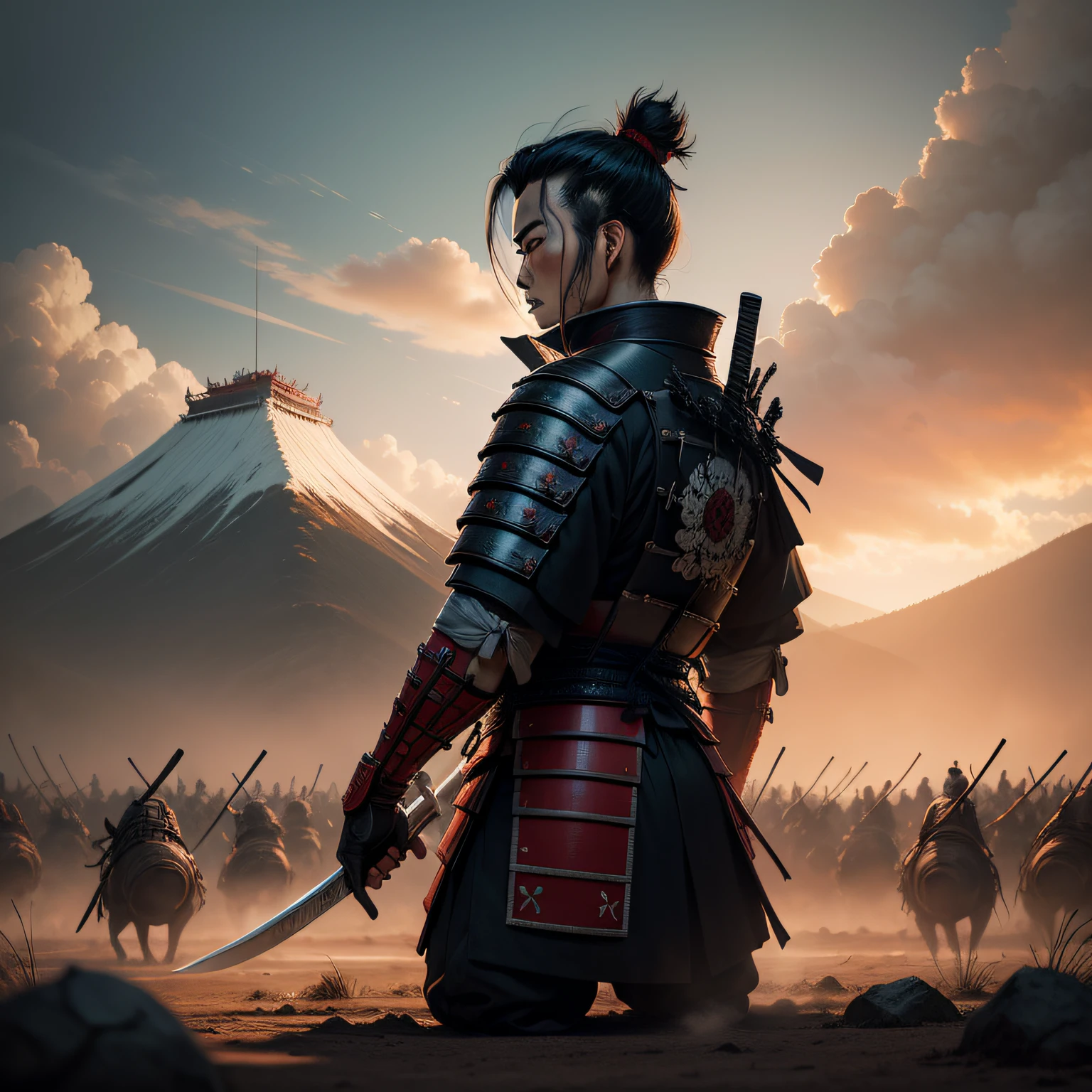 A samurai in the midst of a war surrounded by defeated enemies with their blades planted in the ground.