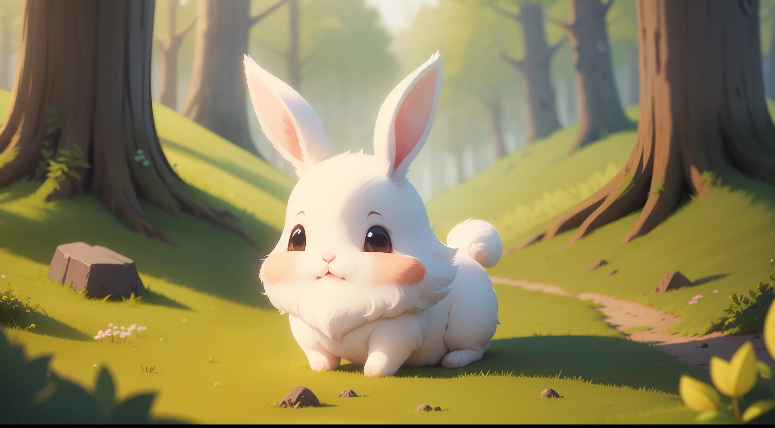 Create an illustration of a cute rabbit, de orelhas grandes em meio a uma floresta encantada localizado no lado esquedo da imagem