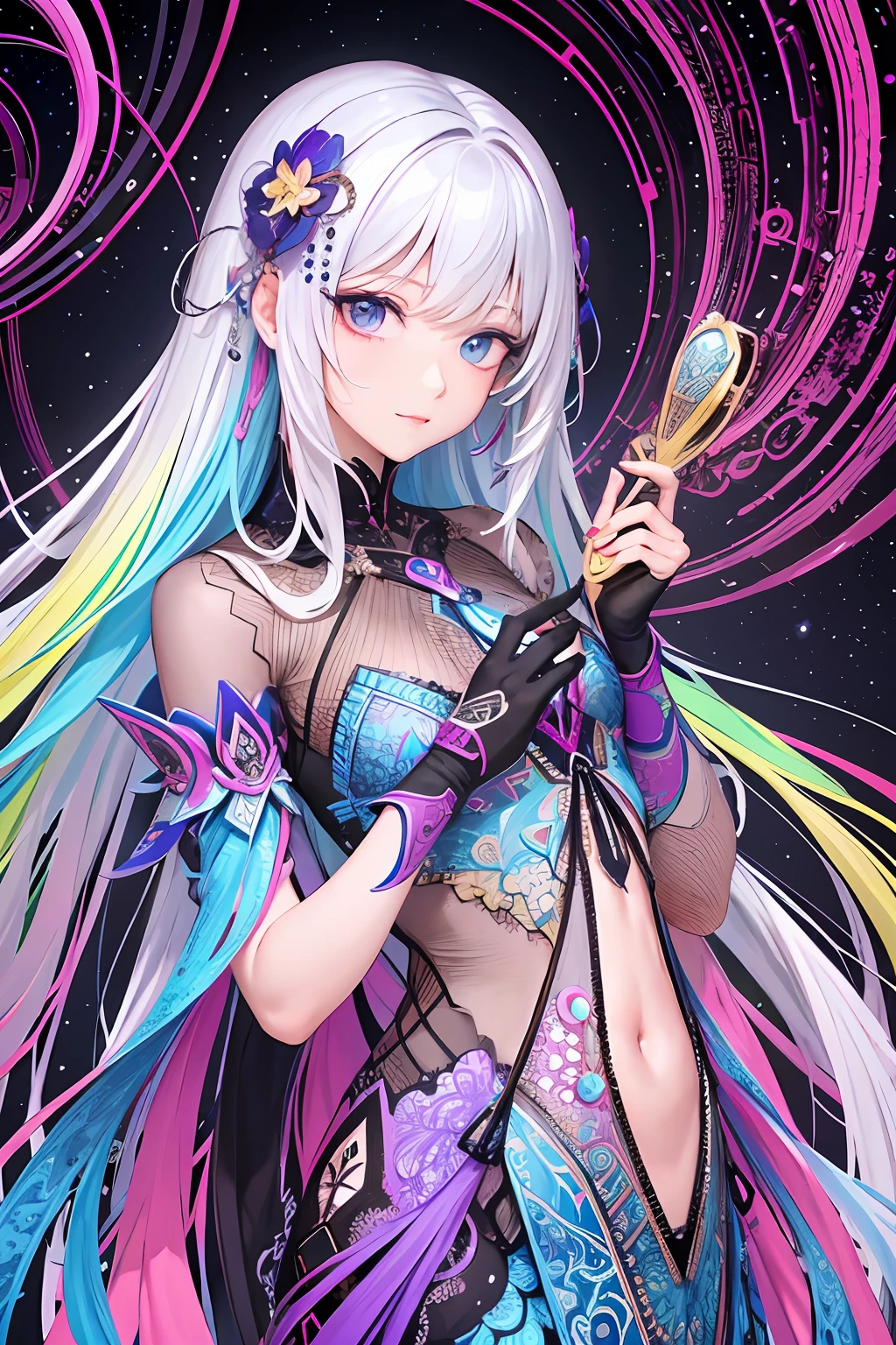 (tmasterpiece,top Quority,best qualtiy,offcial art,Beauty and aesthetics:1.2),(1girl:1.3),The is very detailed,(s fractal art:1.2),extremely colorful,Most detailed,(zentangle:1.2),(dynamicposes) ,,, (shiny skins), (many color:1.4),
