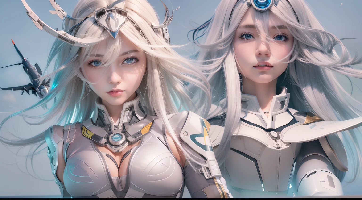 tmasterpiece,best qualtiy,ultra - detailed,very detailed illustration,The is very detailed,Complicated details,A high resolution,super complex detail,Very detailed 8k CG wallpaper,cowboy lens,Caustics,Reflectors,Ray traching,Starcloud,darkness aura,Network effects, (1girll:1.4),solo person,soio,Mecha musume,mechanicalparts,robotjoints,Single robotic arm,head gear,Mechanical Aura,star halo,complex mechanical bodysuit,mecha corset,Fully loaded, Very long hair,long whitr hair,whaite hair,hair between eye,white color hair,colored inner hair,blue color eyes,glowing light eyes,Eye trajectories,Random expressions,Random action skyline,F16 fighter,f16,Airplane anthropomorphism,Aircraft wing,Machine girl,flight,Skysky,flying through the air,Larger background,Wide background,fighter jets,Fighter anthropomorphic,Planes,Machine girl,f16,us airforce,smiling expression,Thin face
