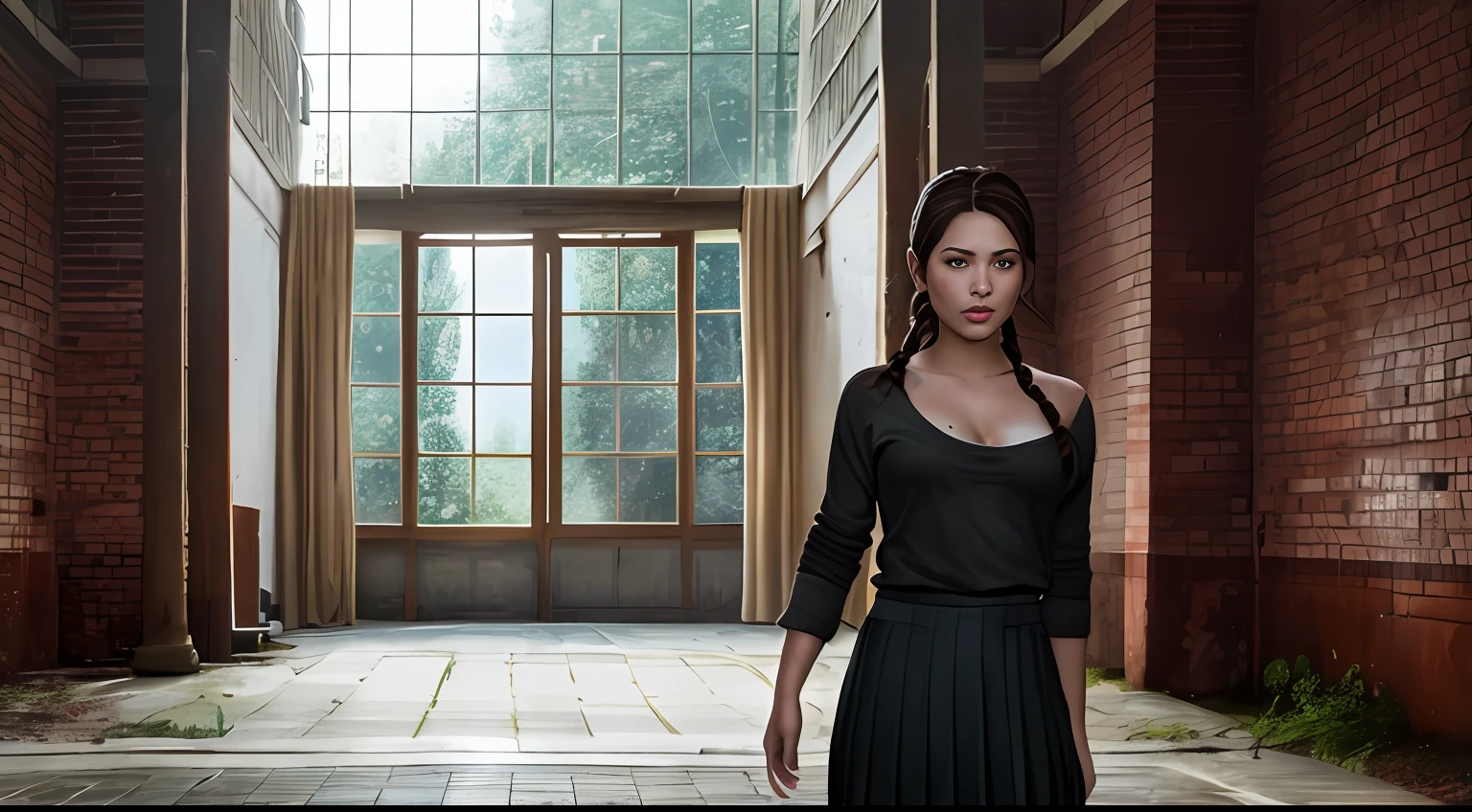 Beautiful young Ellen, bare breasts, pleated skirt, dark tights, Uwabaki, from The Last of Us part 1, game, hyperrealistic, 14 years old, model body, small breasts, beautiful breasts, long hair, braided hair, long legs, 8k, detailed scenery, classroom full of students, fire, sunlight sun, ambient lighting, blood on wall, pool of blood, dead body