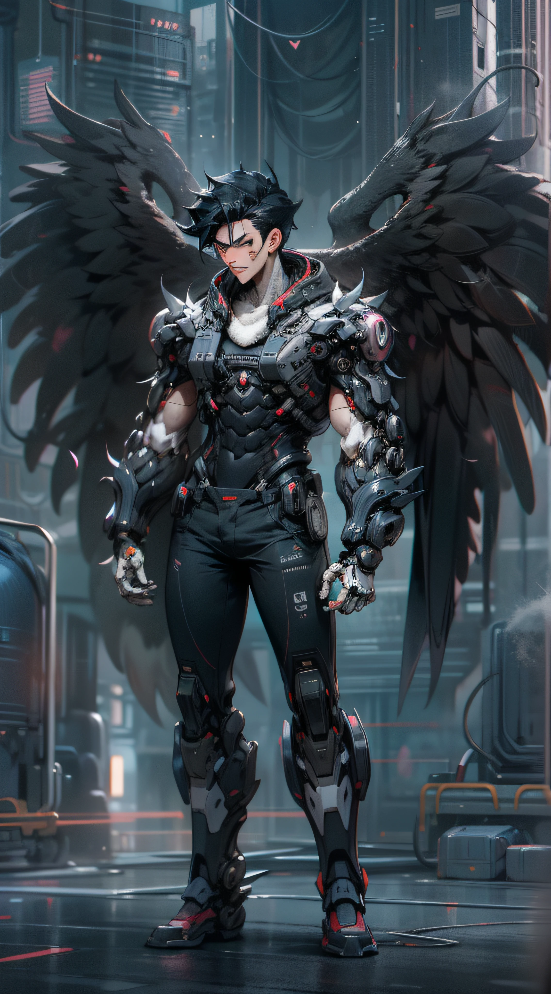 cyber punk perssonage，（A male），The muscles are pronounced，Abs，with short black hair，Mechanical heart，Mechanical wings，Science and technology building in the distance，tmasterpiece，A high resolution，8K