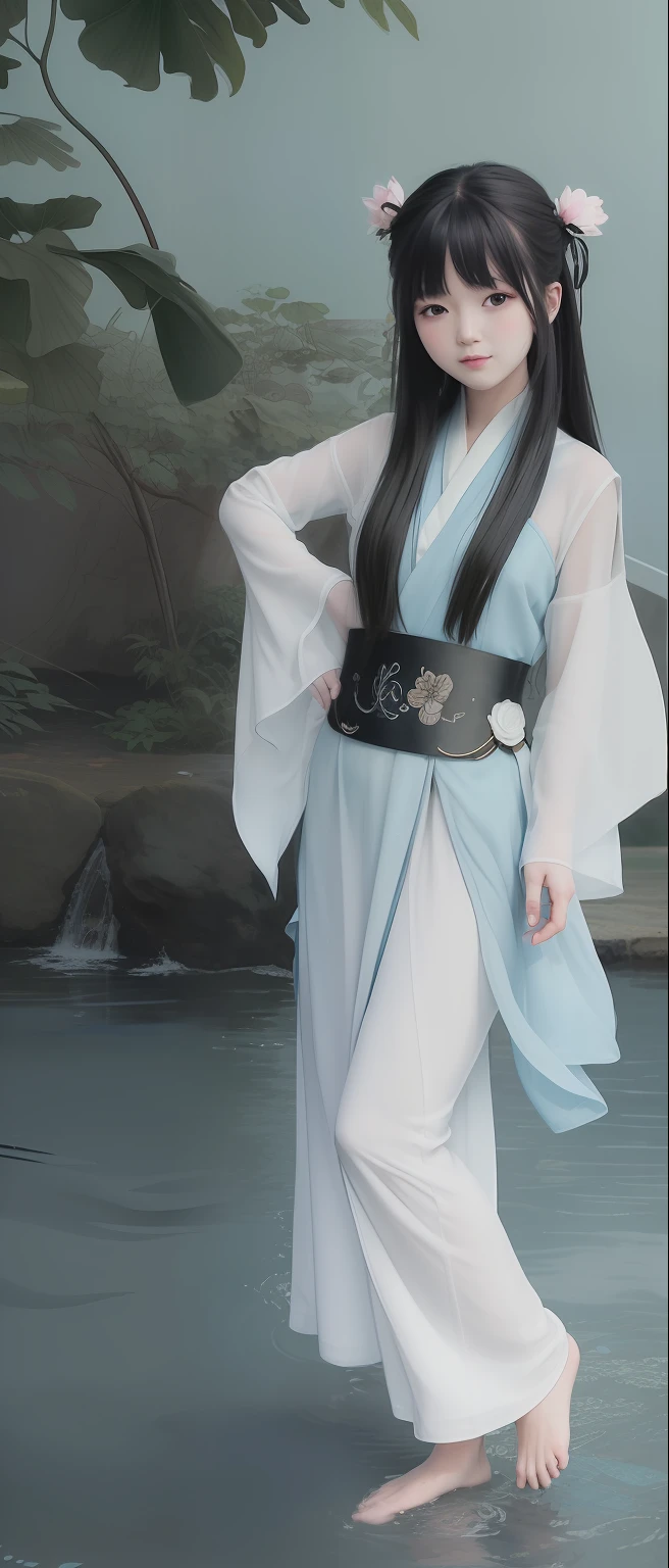 ((4k,masterpiece,best quality)), shuimobysim, traditional chinese ink painting, lotus, hanfu, maxiskit, dress conservatively 1girl, solo, long blue hair, smile, standing, feet in the water, barefoot,