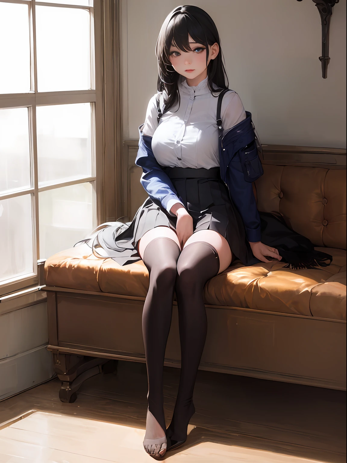 ((masterpiece, best_quality)), 1girl, (photorealistic:1.4),  solo, white_background, black_hair, long_hair,   zettai_ryouiki, skirt, ((full_body)),