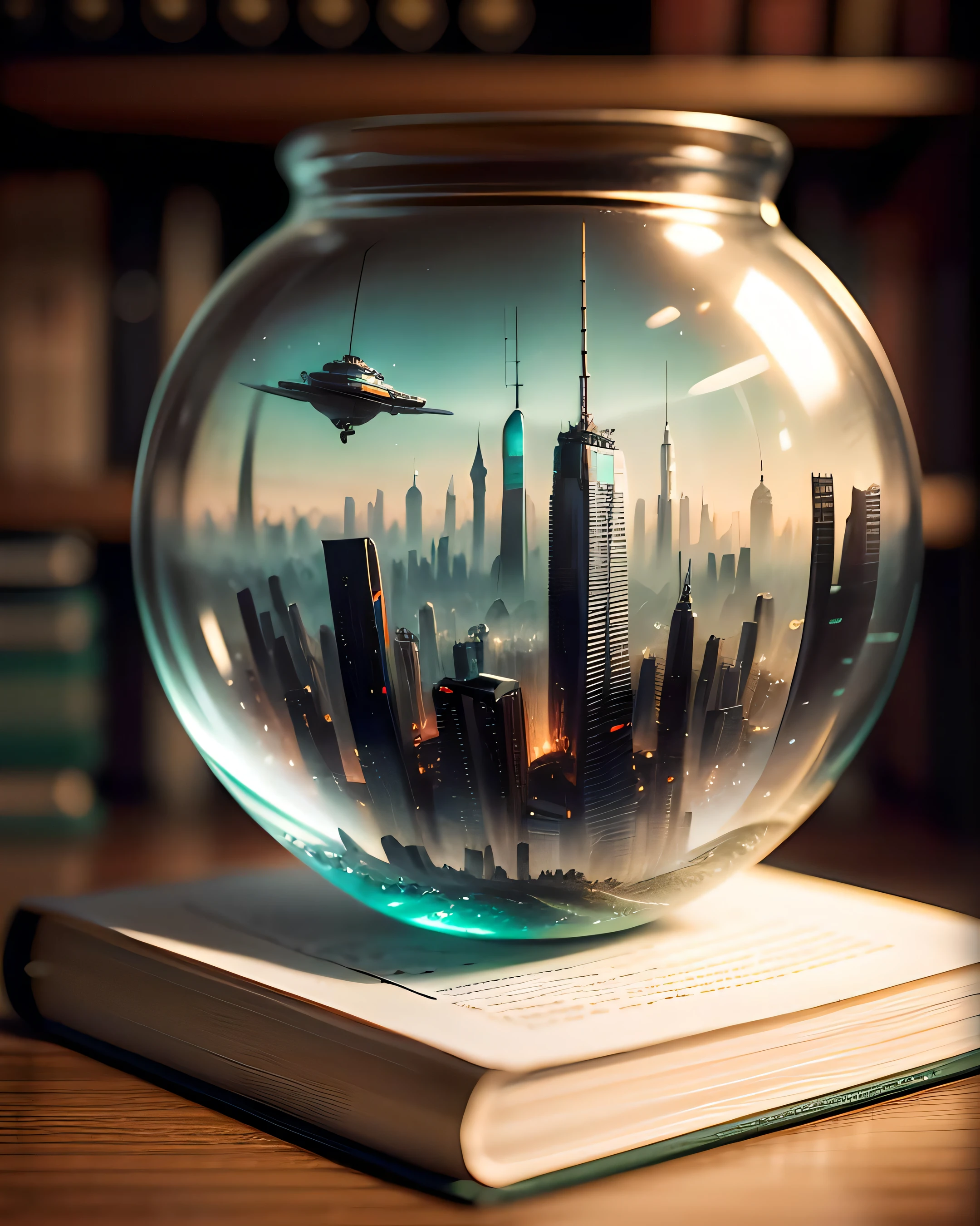 mini\(ttp\), (8k, RAW photo, best quality, masterpiece:1.2), ((miniature futuristic city skyline in a glass bowl among old books)), out of focus book case,
