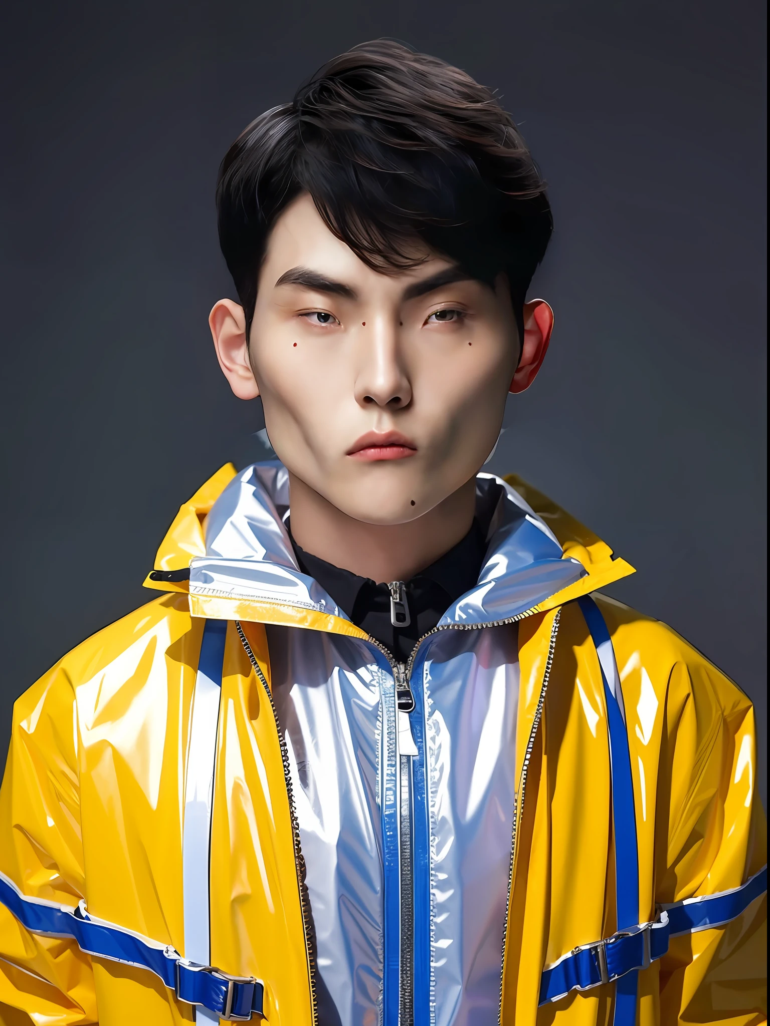 A Chinese male high school student,Wear a PVC fashion raincoat,There are zippers