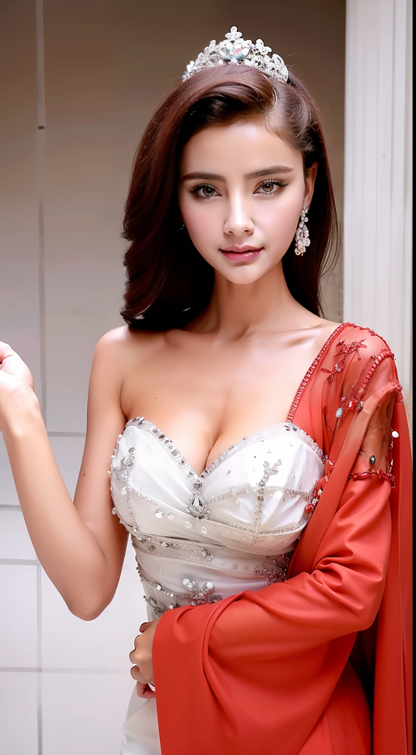 Fashion model 18 years old [[[[closeup cleavage]]]], [[[[boobgasm]]]], [[[[coll]]]], [[[[bshoulders]]]], perfect  eyes, Perfect iris，Perfect lips，perfect teeth，Perfect skin，Long face，Soft front light，hdr，Movie girl，long whitr hair，Long hair with a shawl，evening formal robes，The background is indoors，（pastel colour：1.2）