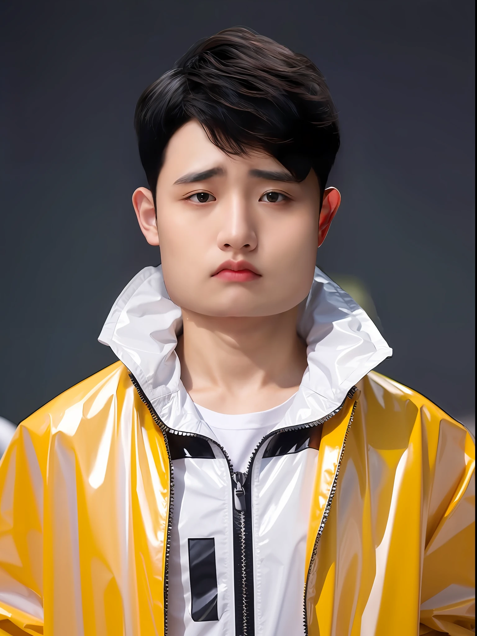 A Chinese male high school student,Wear a PVC fashion raincoat,There are zippers
