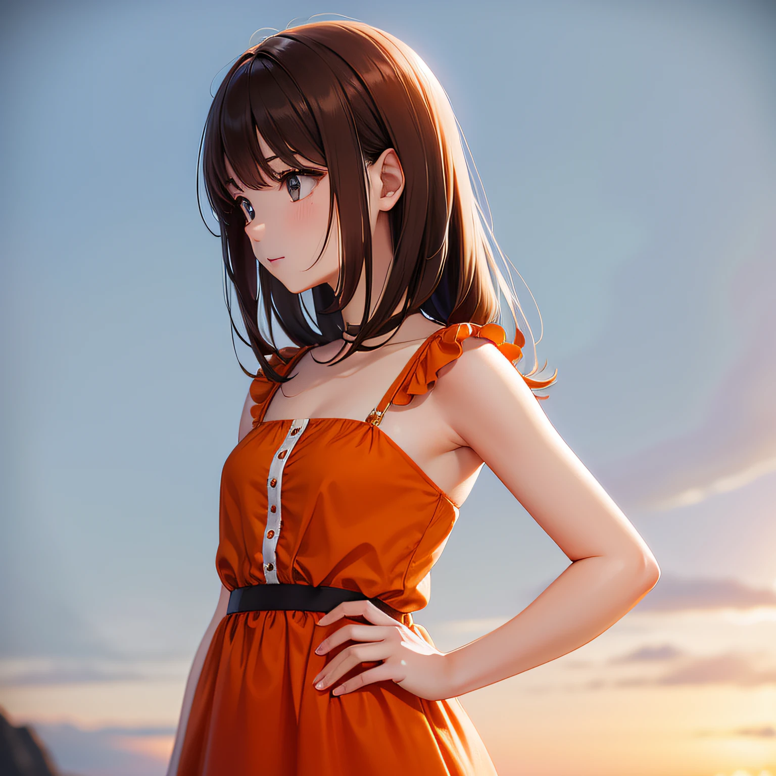 Orange dress,Shoulder-length hair,Cold,brunette color hair