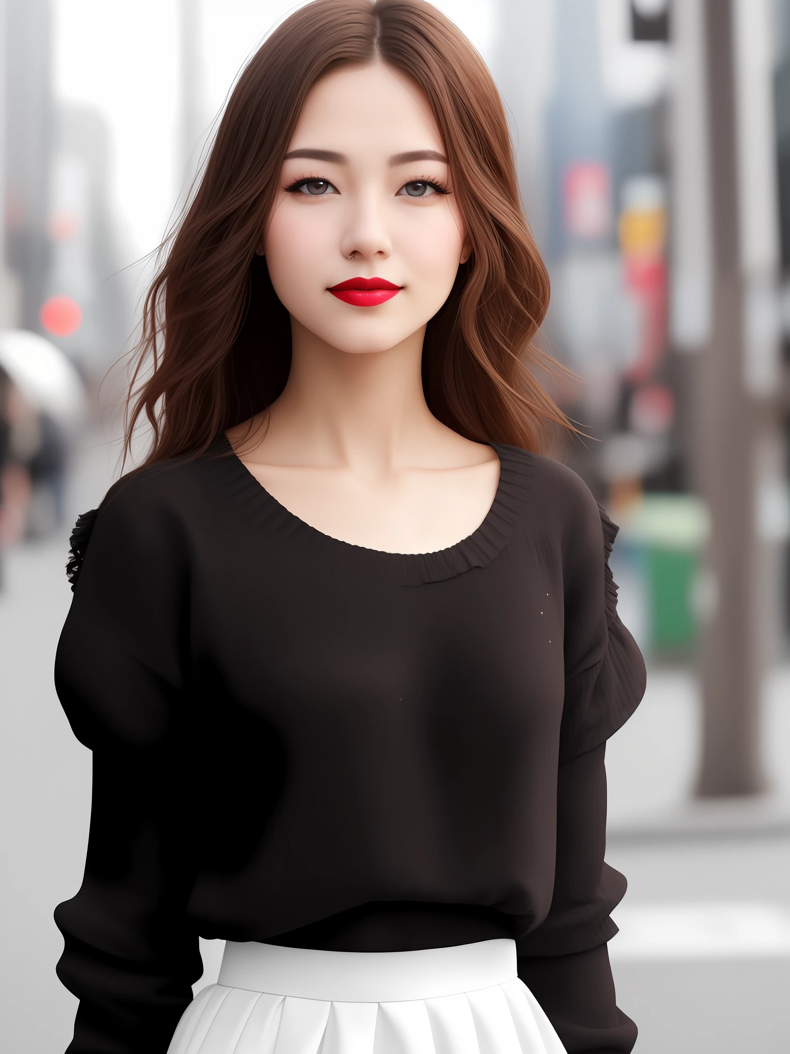 (skin blemish:1.2), (skindentation), black eye, 1woman, 25yo, (((woman))), solo, realistic, best quality, photorealistic, masterpiece, 8k, high res, solo, extremely detailed face, (professional lighting, bokeh), (light particles, lens flare, glowing particles:0.6), (dynamic pose:1.2), soft lighting, top angle view, fashionable and trendy atmosphere, japan, street, tokyo, city, ((daytime)), sky, ((looking at the viewer:1)), (looking at the camera),(portrait:0.6), cowboy shot, gorgeous, standing, keep original facial proportion, wide shoulder, full body, (medium breast), (medium hair), brown hair, floating hair, lips, lipstick, seductive smile, floating hair, smile, (sleeves less white blouse), (jumper skirt), eyelashes, mole, (mole under eye:1),