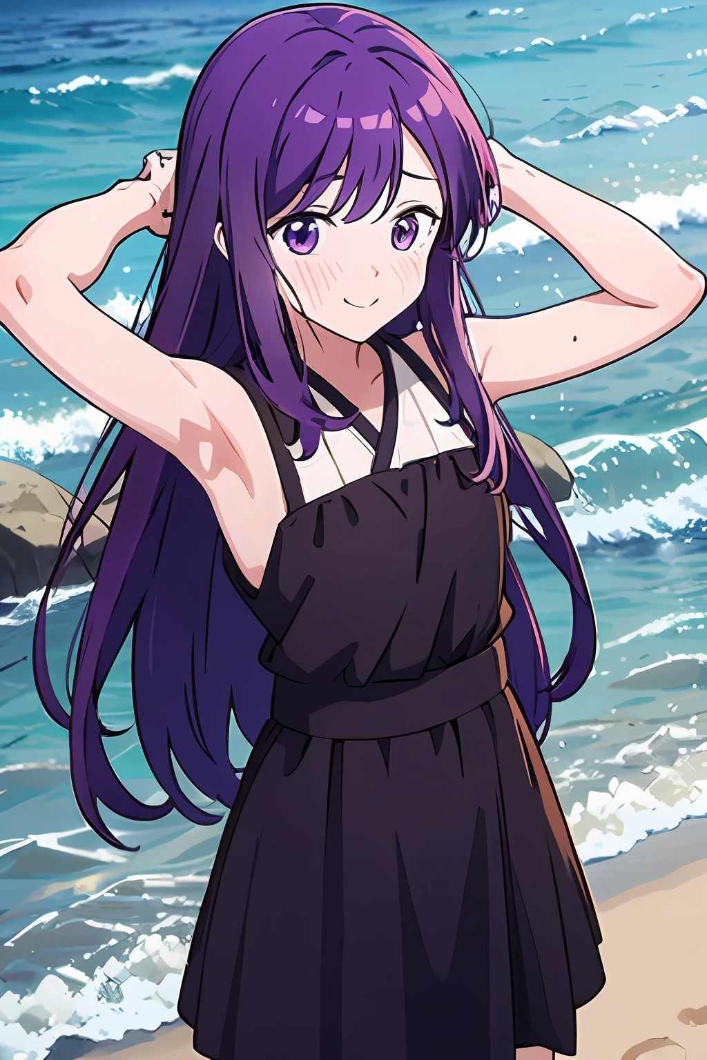 best quality, kubo_san, 1girl,((****)),small brest,  long purple hair, purple eyes, smile, blush,standing, arms behind back, upper body, outdoors, beach, sunshine, sea, Presenting armpit, sweaty armpit, arm up, ((condom belt)), , opened clothes