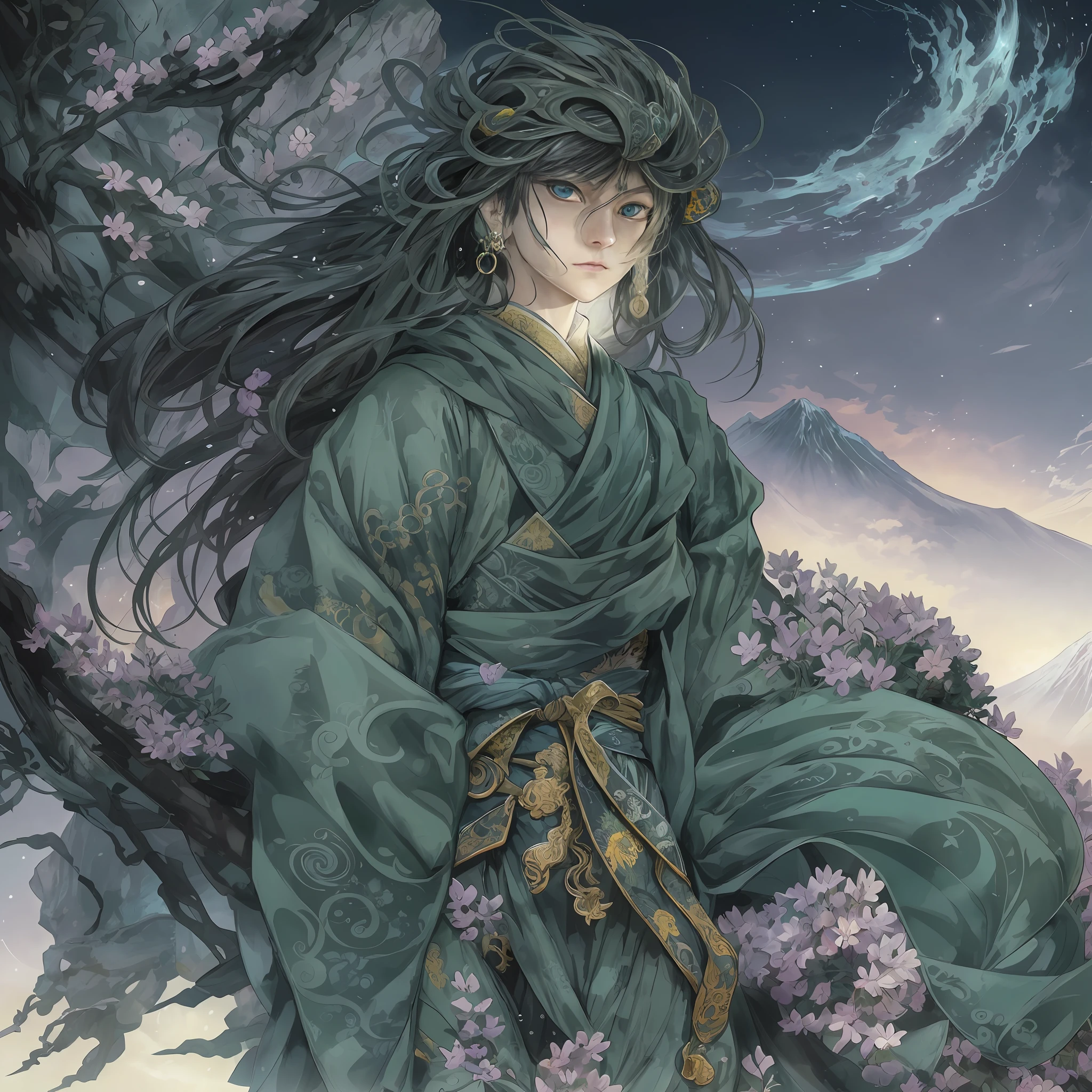 mystic ninja，Detailed face，Detailed eyes，Clear eyes，Gui Zen，Exotic beasts of mountains and seas，Dark green and black details, Loose and thick clothing covers the body，standing on cliff，Bask in the luxury of Yoshitaka Amano in the moonlight，fanciful，sci-fy，the complex background（full bodyesbian），((dynamicposes))，Colorful wallpapers，Highly detailed，Masterpiece，best qualtiy，art  stations