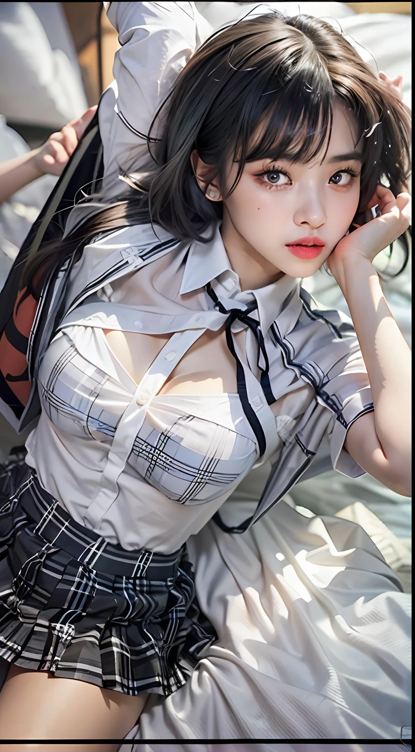 masterpiece, best quality, HDR, close up, looking at viewer, (downblouse, wariza, white dress shirt:1.5), bra, on bed, sheets, cleavage, straddling, 1girl, school uniform, (tearfilled eyes:1.2), (embarrassed, sad, angry, drunken eyes:0.8), from above, thighs, (black hair, dark grey pleated plaid skirt:1.3), facelight, cinematic lighting, professional lighting, sharp focus, highres, photography, realistic, highest detailed, extreme detailed, ultra detailed, finely detail, real skin, detailed skin and eyes and face, sharp pupils, realistic pupils, (dark background, heart background, humid:1.5), open mouth