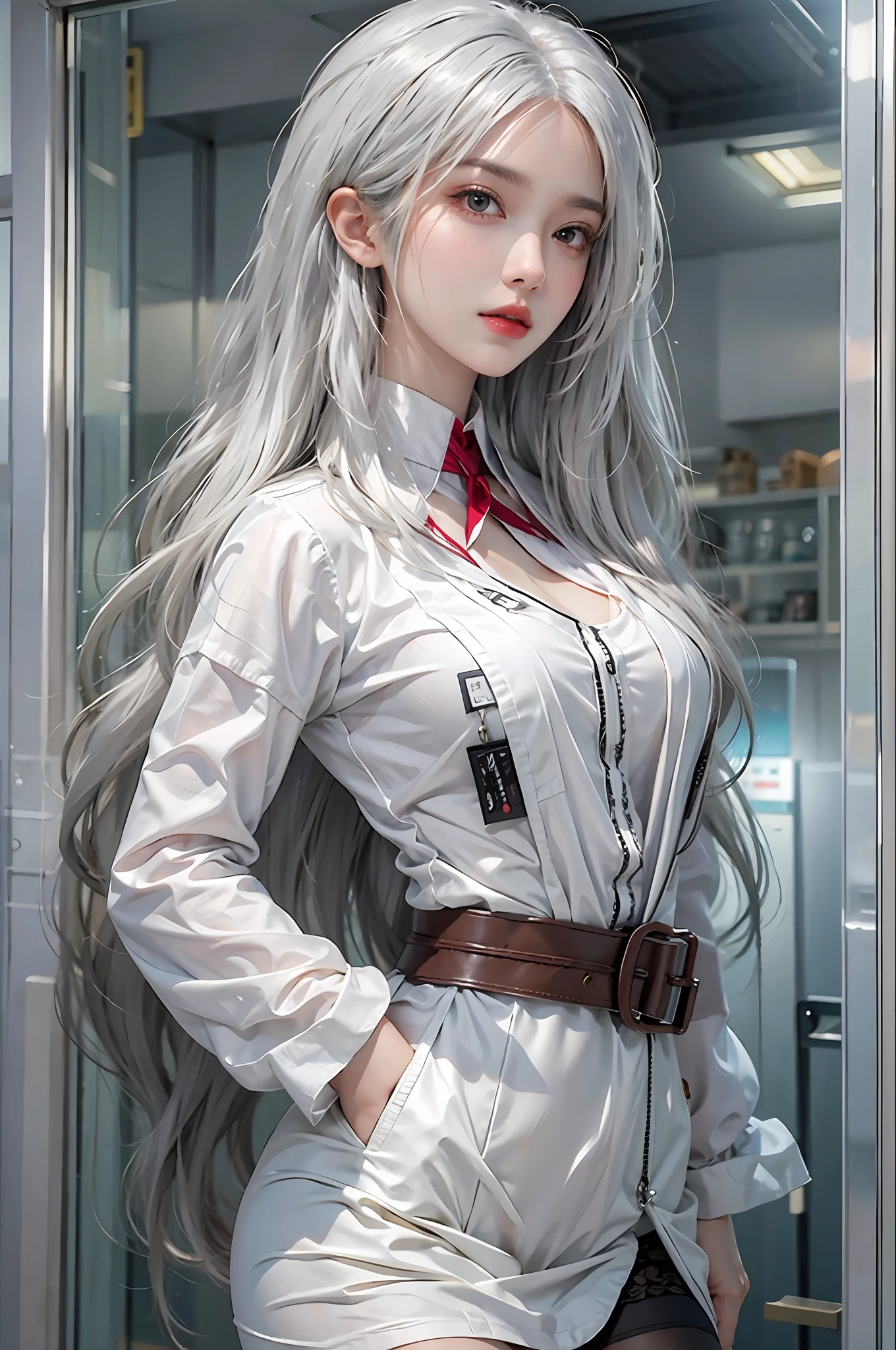 photorealistic, high resolution, 1women, solo, hips up, look at viewer, (detailed face), white hair, long hair, doctor outfit, stockings