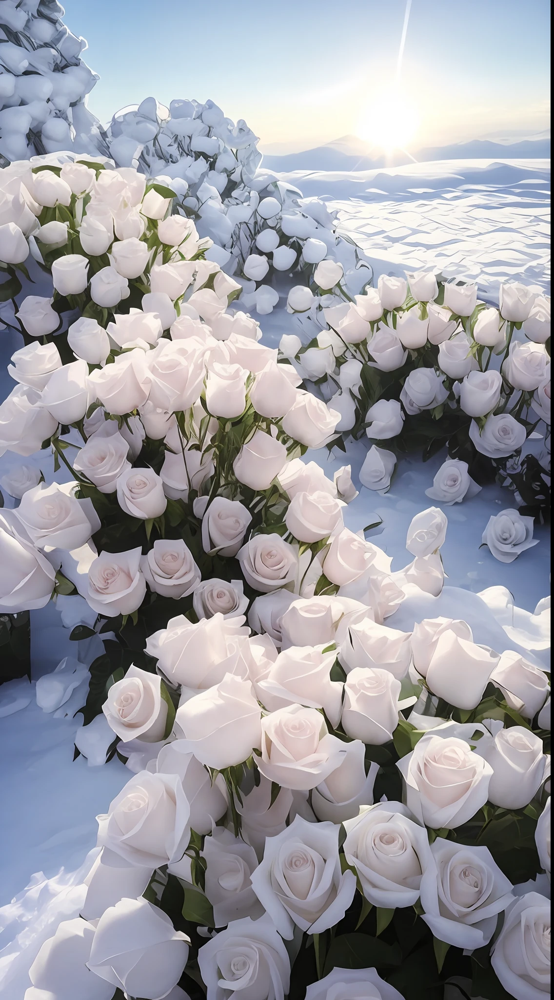 The steps of the snowy path are covered with flowers, with frozen flowers around her, beautiful aesthetic, rosses, rosette, Unbelievably beautiful, Beautiful image, White roses, maxim sukharev, Beautiful flowers, Beautiful composition, sergey krasovskiy, beautiful flowers growing, with soft bushes, Cold but beautiful, soft white glow, alexander abdulov, sergey vasnev,8K high quality detailed art
