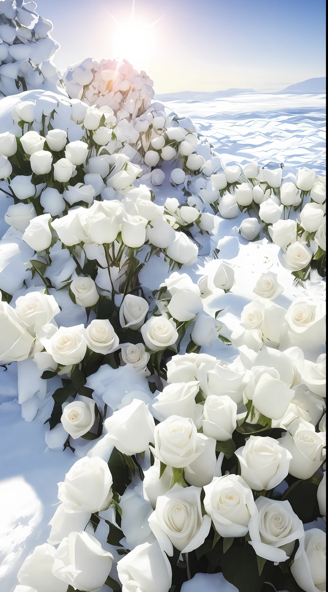 The steps of the snowy path are covered with flowers, with frozen flowers around her, beautiful aesthetic, rosses, rosette, Unbelievably beautiful, Beautiful image, White roses, maxim sukharev, Beautiful flowers, Beautiful composition, sergey krasovskiy, beautiful flowers growing, with soft bushes, Cold but beautiful, soft white glow, alexander abdulov, sergey vasnev,8K high quality detailed art