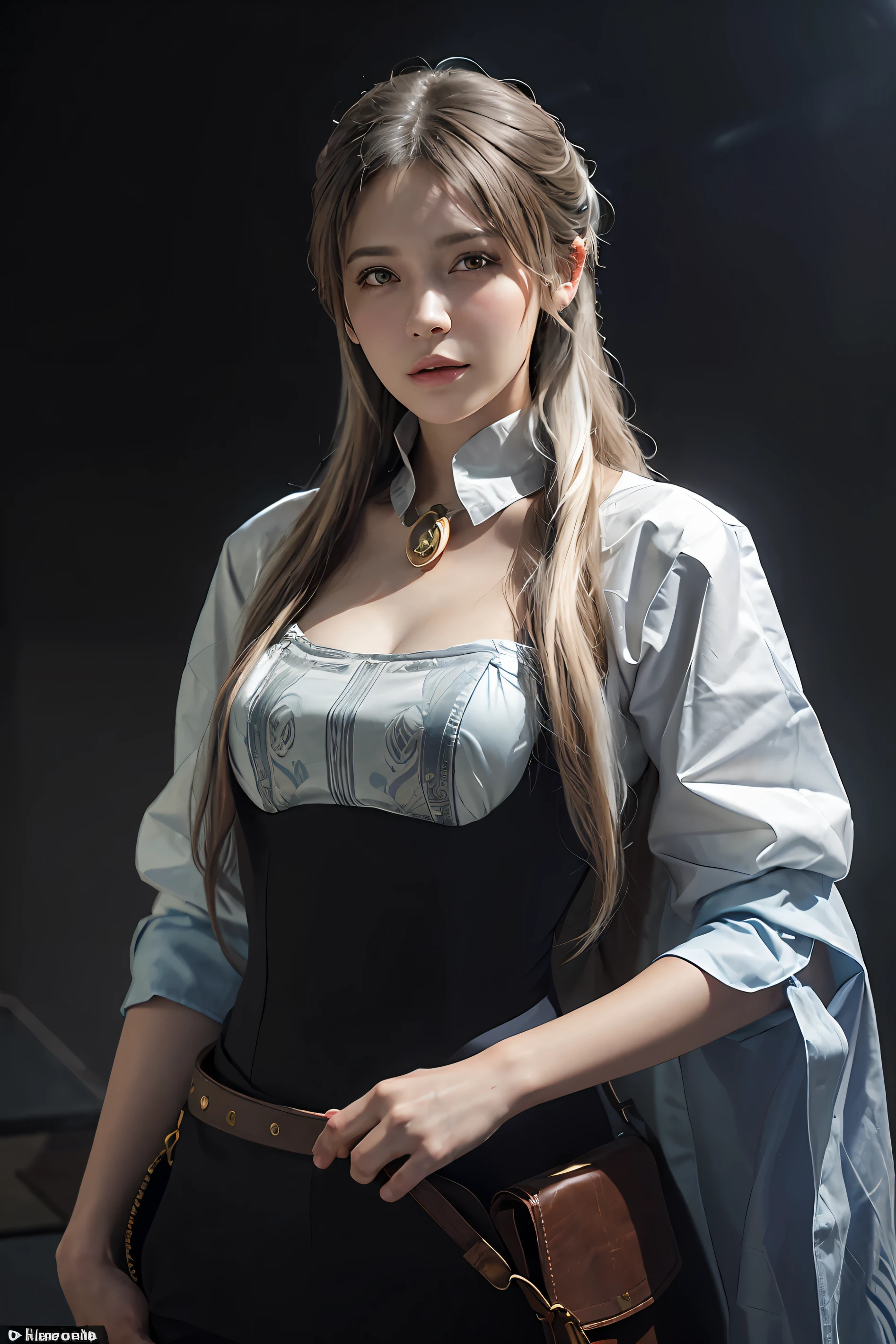 Hyperrealist portrait of female by david hockney and alphonse mucha,fantasy art, photo realistic, dynamic lighting, artstation, poster, volumetric lighting, very detailed faces, 4 k, award winning,, 1girl, in the dark, deep shadow, low key,cowboy shot,(official clothing:1.4) ,long hair,white hair,