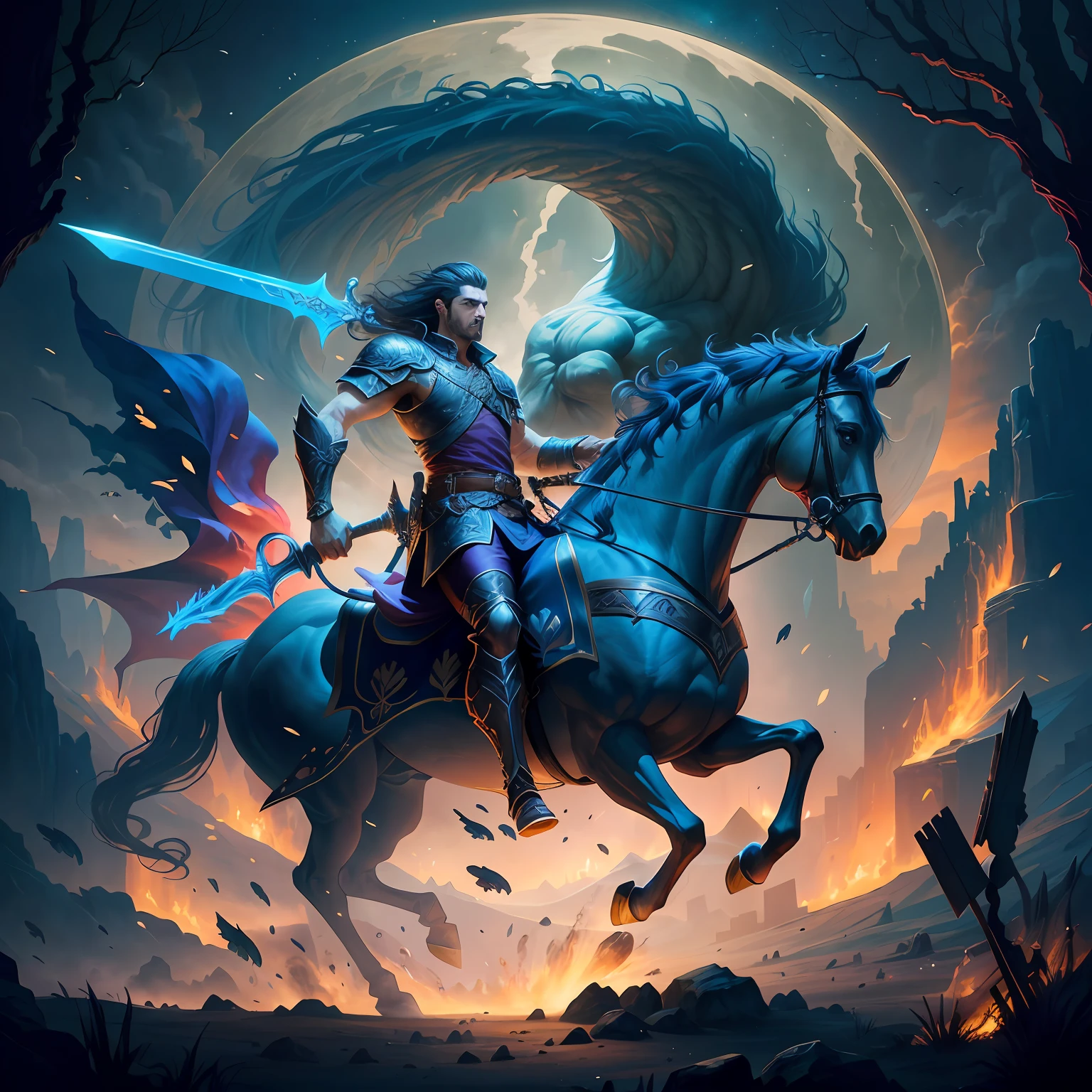 There was a man on a horse,Holding a sword in hand, Epic fantasy digital art style, Epic fantasy art style, Epic fantasy style art, author:Karen Beit, kaladin stormblessed, epic fantasy novel cover art, epic fantasy illustration, Epic fantasy art style HD, fantasy rpg book illustration, author:Jason Benjamin, Fantasy art Behance