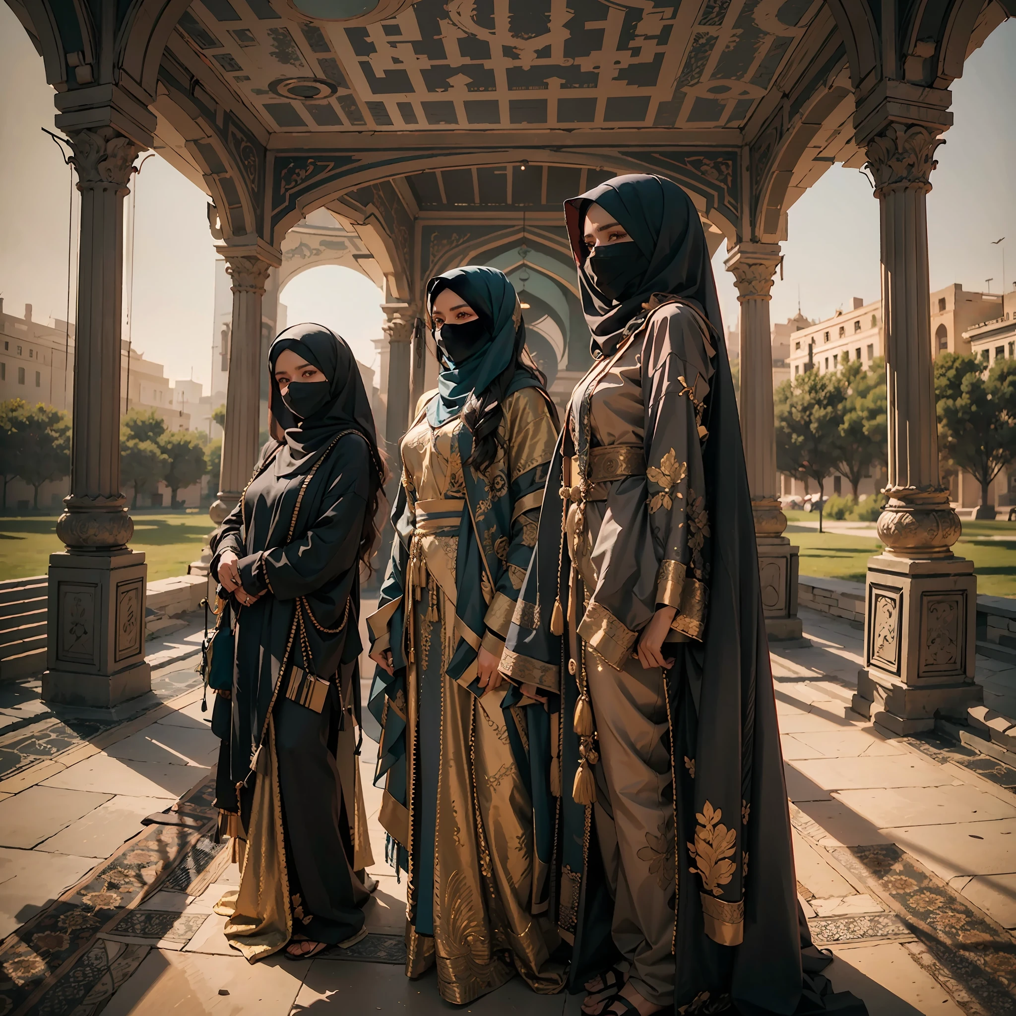 in a panoramic view，photorealestic，Full body like，Cyberpunk Style，3 Arab girls standing in a row，Stand in front of a high-tech Arabian luxury villa，Photo pose，Dressed in a gorgeous gold Arabian high-tech all-envelop burqa（Burqa），Wearing a gold high-tech bandana（hijabi sluty），Black high-tech veil（niqab）masked，Black mask masked，Mask mask，Only the eyes are exposed，High-tech equipment hangs on the body，Sharp eyes，professinal，Meistwick，commissioned，best qualtiy，color corrected，After fixation，Retouching，Improvement，Epic，Tone-mapping，the detail， highly  detailed， digitial painting， art  stations， Conceptual map of the long dam， Smoothness， Sharp focus， Beautiful illustration， photore， The light from the back window is backlighted， 动态照明， Mist， 复杂， cinematic grain， professinal， face to the viewer，（Beautiful m3d_woman， Perfect M3D_face,）， Volumetriclighting， subsurfacescattering， Good highlights， Good shadows，All masked， cinematic ligh