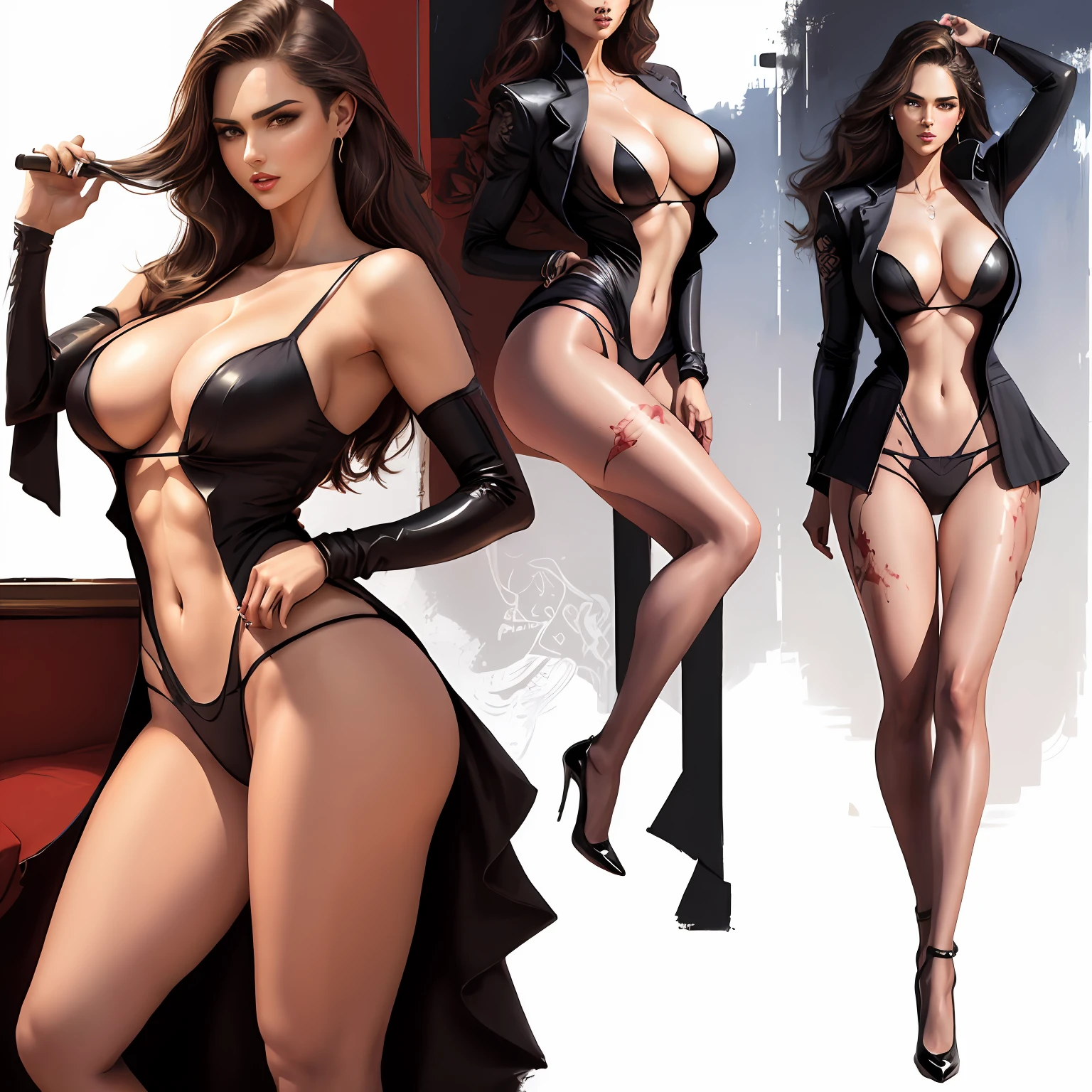 Illustration art，Whole body movement，Sexy woman in sexy clothes，Soprano Woman，Very cool facial expression，Gorgeous background，Great erotic art，painting art，Sexy art，Detailed body part details，long leges，Inspired by J.c.Ryan Decker，Epic European and American illustrations，Tall，The whole body is evenly sexy