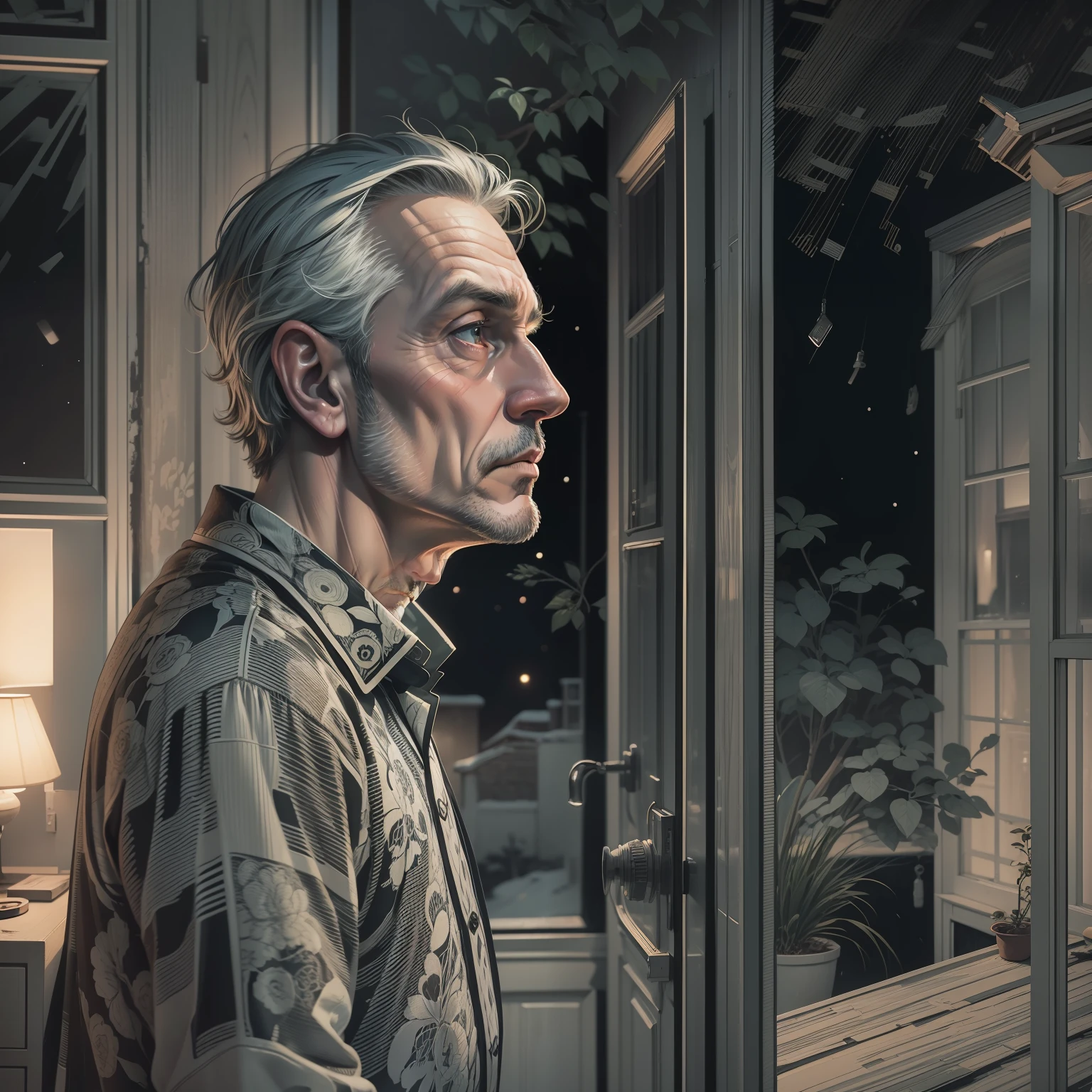 very detailed and extremely intricate 8k graphic novel art image of a confused 50 year old man, very detailed eyes, dressed in black pajamas, standing in front of a bedroom window, looking outside, night