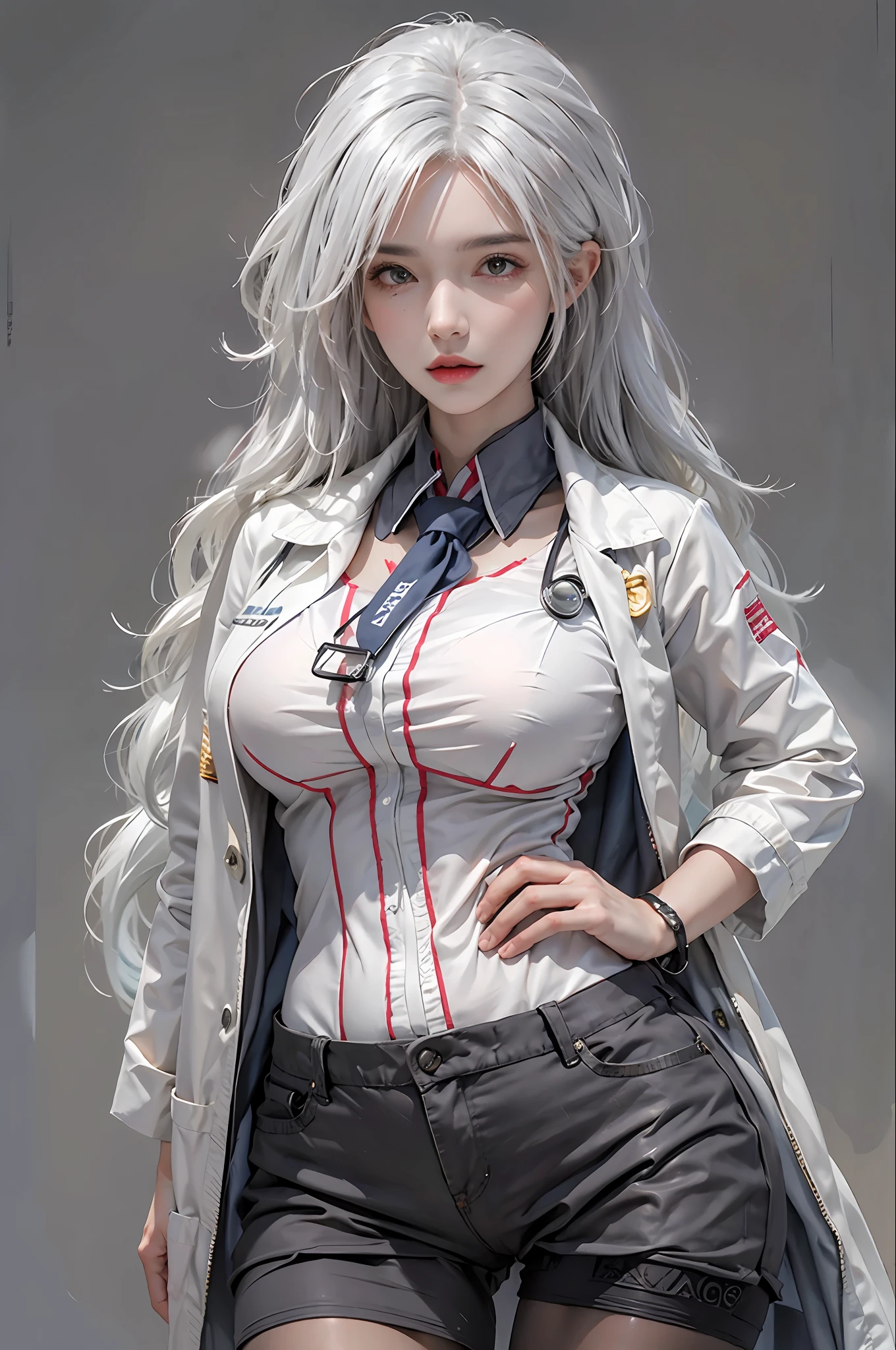 photorealistic, high resolution, 1women, solo, hips up, look at viewer, (detailed face), white hair, long hair, doctor outfit, stockings