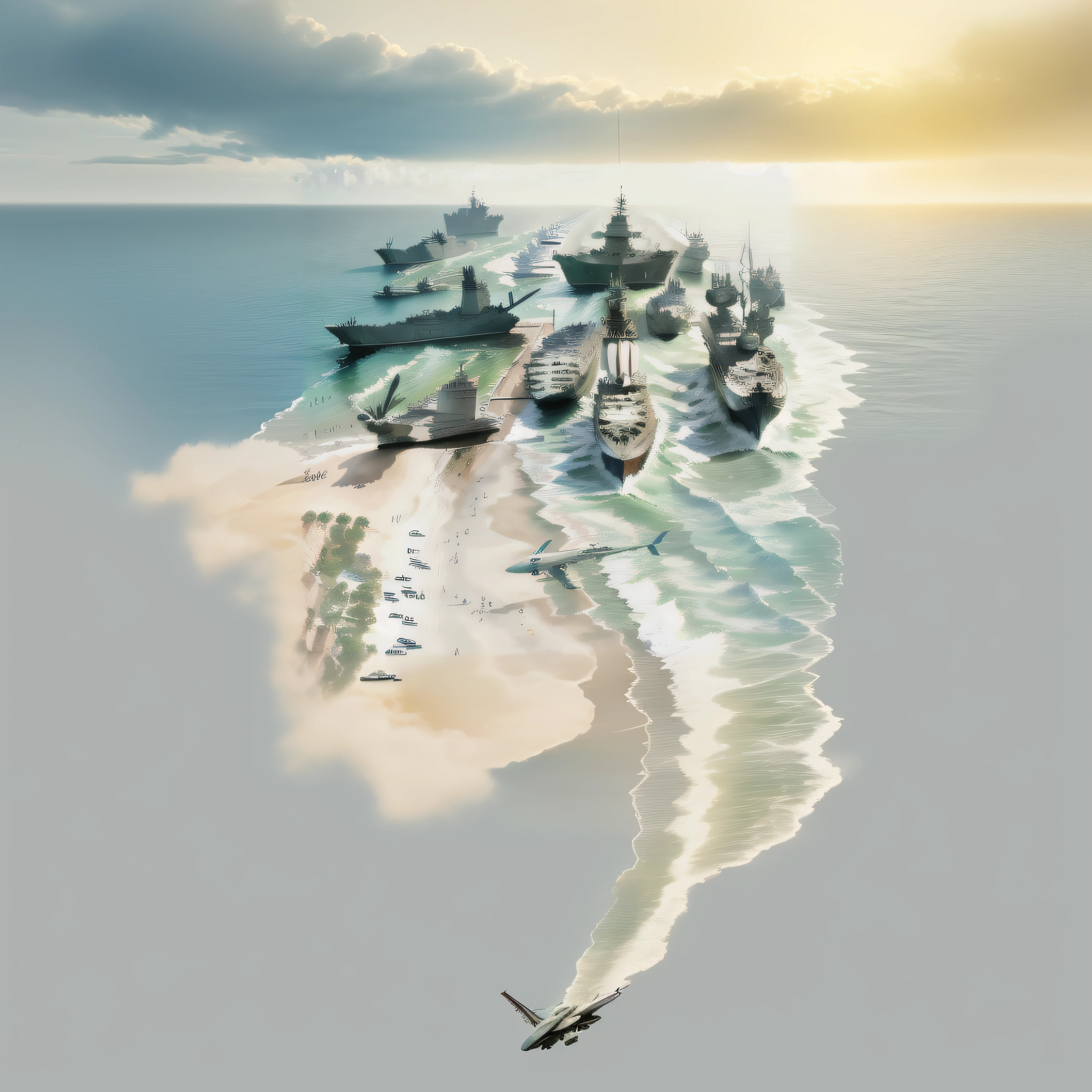 Sunest ,Bird's-eye view,(wide land),blue, yellow,Sky, sea, (Armored vehicle formation), (Aircraft carrier formation),wave, (1 very small white fighter jet),ray tracing,masterpiece photo,high-definition, reality, 4K,