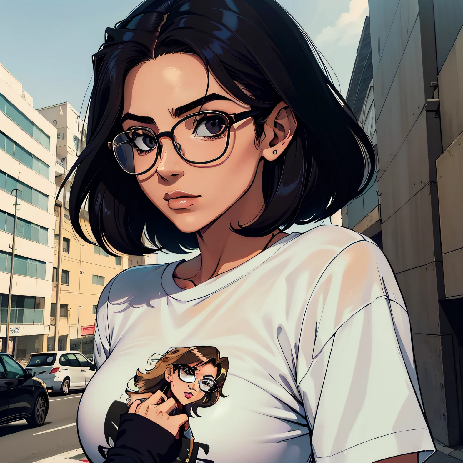 (melhor qualidade, obra-prima:1.2) Perfect Anime Illustration, Uma bela mulher de perfil, com cabelo repicado e negros, Wearing a pair of glasses, uma jaqueta preta com uma camiseta branca. Andando pela cidade ao entardecer com a rua vazia.