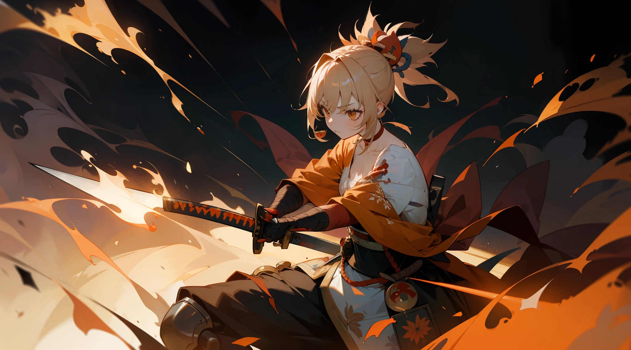 1girl, illustration, Yoimiya, katana, sword, samurai, armor, blood, battle scar, god, power, fire, burning, boss fight, dark, badass, powerful, war