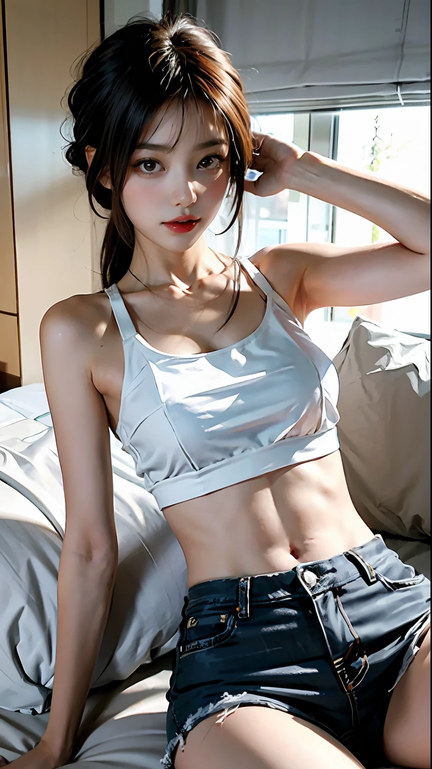 Girl posing for photo in white bra and sports shorts，full bodyesbian，With a cropped T-shirt、brassier，Slim body，Smaller bust，Slim girl model，24 years old female model，Lying on the construction site，