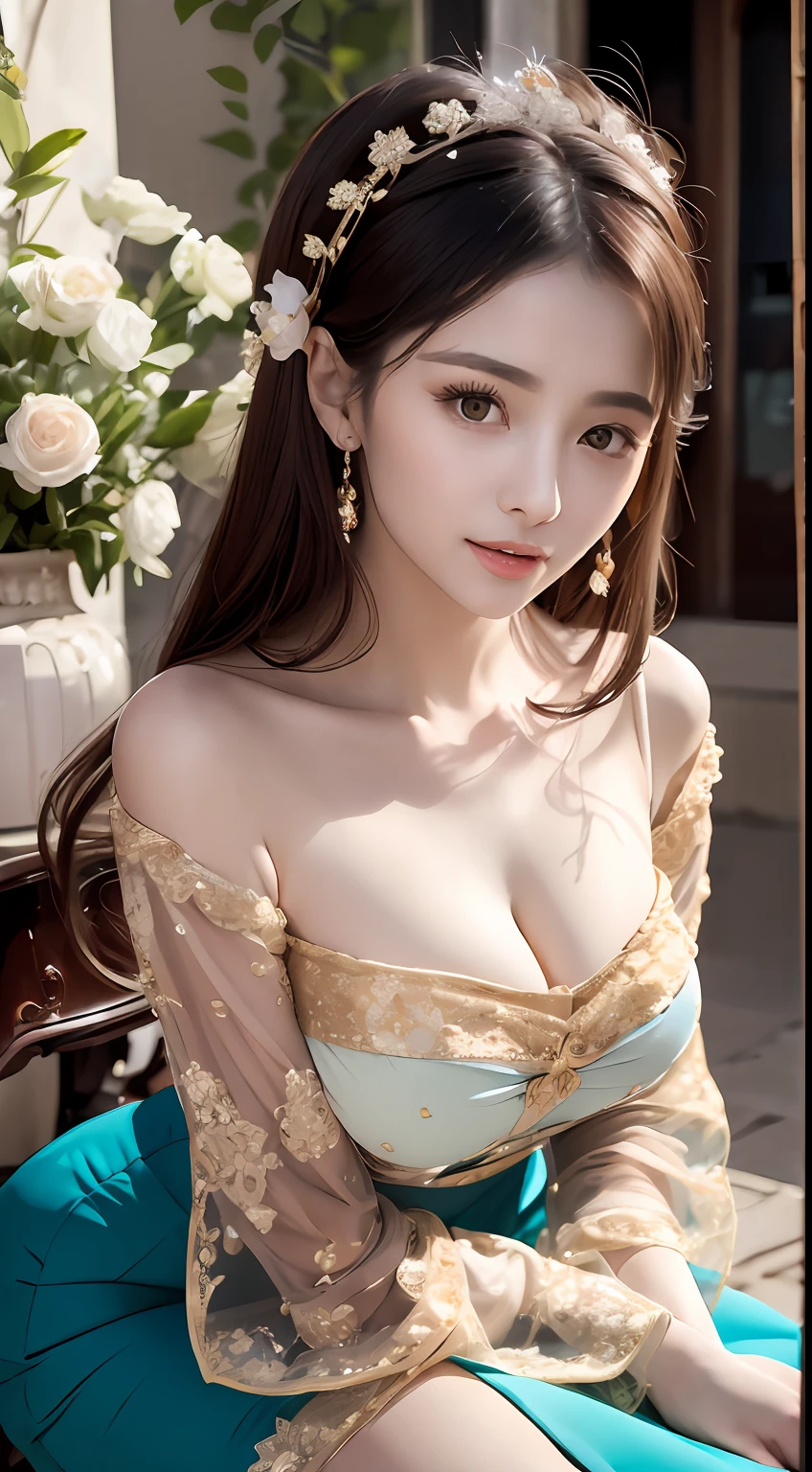 A beautiful girl, literary, beautiful and elegant, with slender eyebrows and clear eyes. Ruddy lips, soft skin, bandeau dress with gold edges, antique long-sleeved dress, stroking posture and waiting posture. The blue sky and the quiet courtyard (literary and elegant, antique, long-sleeved dresses, piano posture), full body close-up