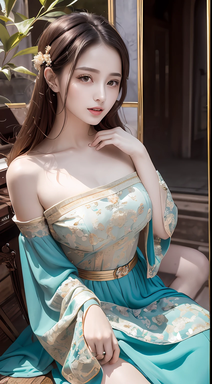 A beautiful girl, literary, beautiful and elegant, with slender eyebrows and clear eyes. Ruddy lips, soft skin, bandeau dress with gold edges, antique long-sleeved dress, stroking posture and waiting posture. The blue sky and the quiet courtyard (literary and elegant, antique, long-sleeved dresses, piano posture), full body close-up