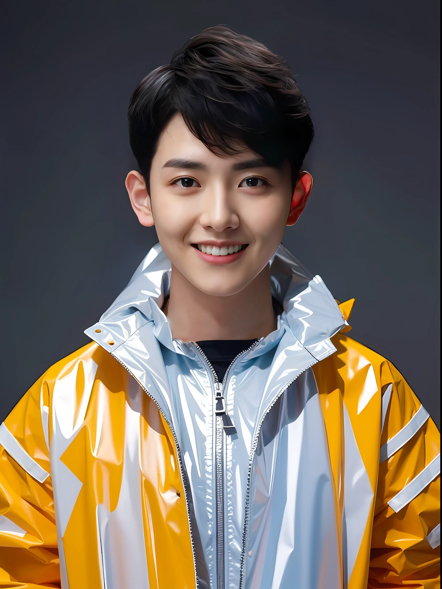A Chinese male high school student，Wear a PVC fashion raincoat，There are zippers