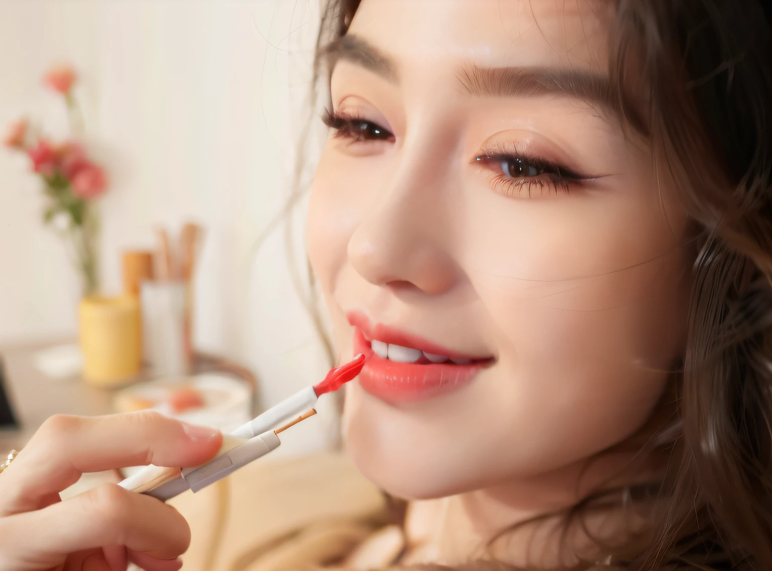 There was a woman holding a lip brush in her hand, popular korean makeup, Popular Korean makeup, Smoothes lip line, Smile soft and vibrant lips, Apply lip gloss, Gloss on lips, glossy from rain, Full, shiny lips, Glossy lips, Small lips, Clear lips and high quality, lipstick, pale thin lips, Blushing, Makeup, Milky white skin