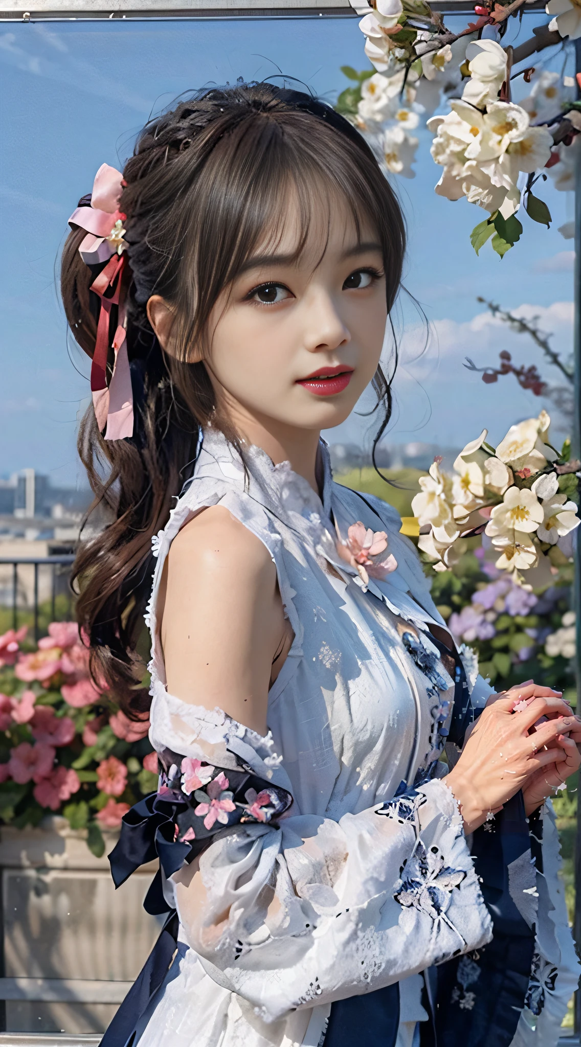 (4k transparent high quality wallpaper,a warm color palette,Soft natural light,professional photoshooting)(Masterpiece,High quality close-up body portrait,Ancient wind)(15year old,French bangs,Ming dynasty long-sleeved Hanfu(1.2),pony tails(1.2),perfect body figure,cleavage(1.2),Sexy and cute Wang Bingbing's figure is in the flowers(1.2),Bigchest(1.2),broad shoulder(1.2),big assa(1.2),Two long white legs(1.2),Small lips(1.2),Wear hairpins on your head(1.2),delicate finger(1.2),white stockings(1.2),Elegant posture(1.2),Be red in the face,Water on the body)(blue clear skies,Peach blossoms fall with the wind(1.2))