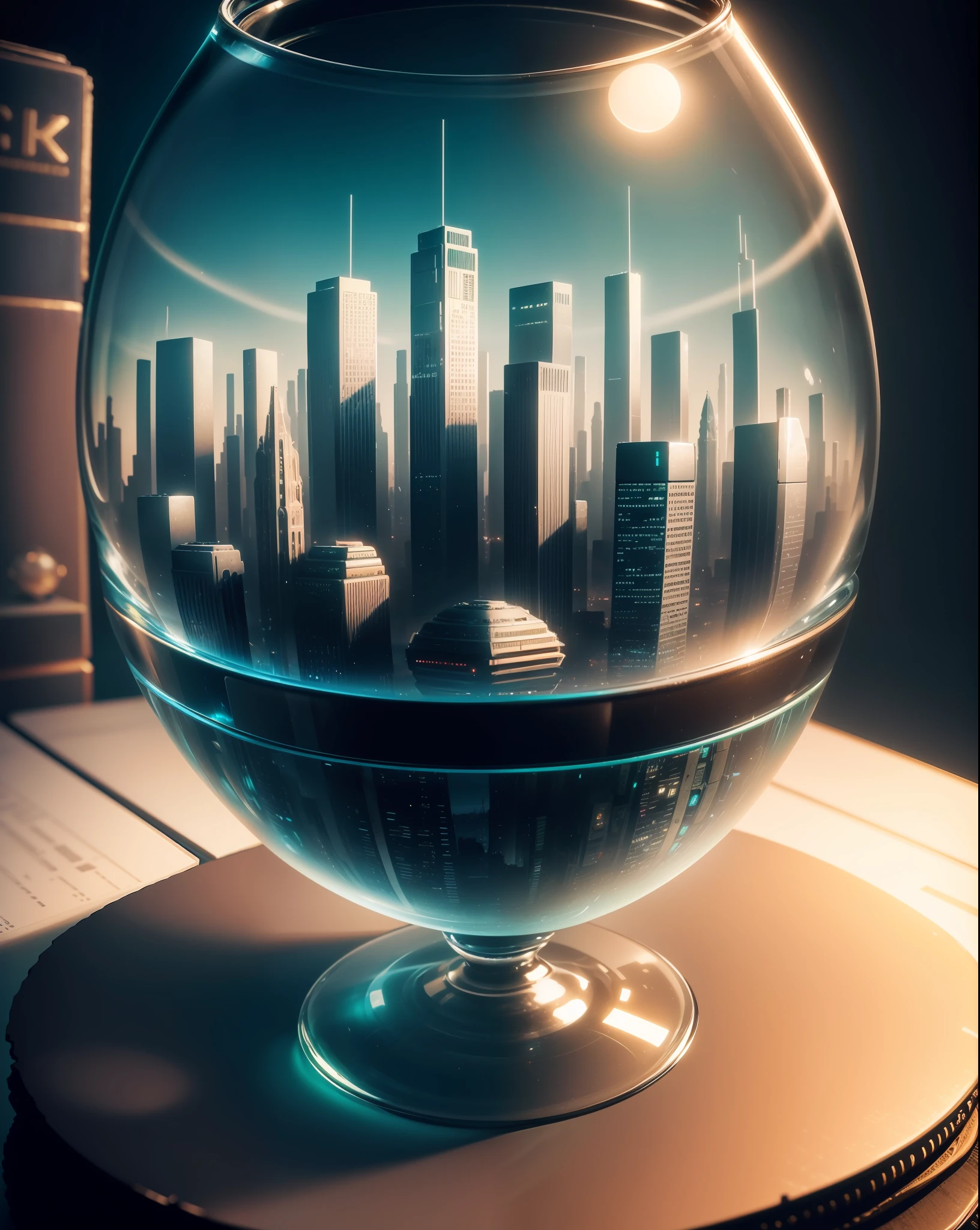 mini\(ttp\), (8k, RAW photo, best quality, masterpiece:1.2), ((miniature futuristic city skyline in a glass bowl sitting on old books)), out of focus book case,