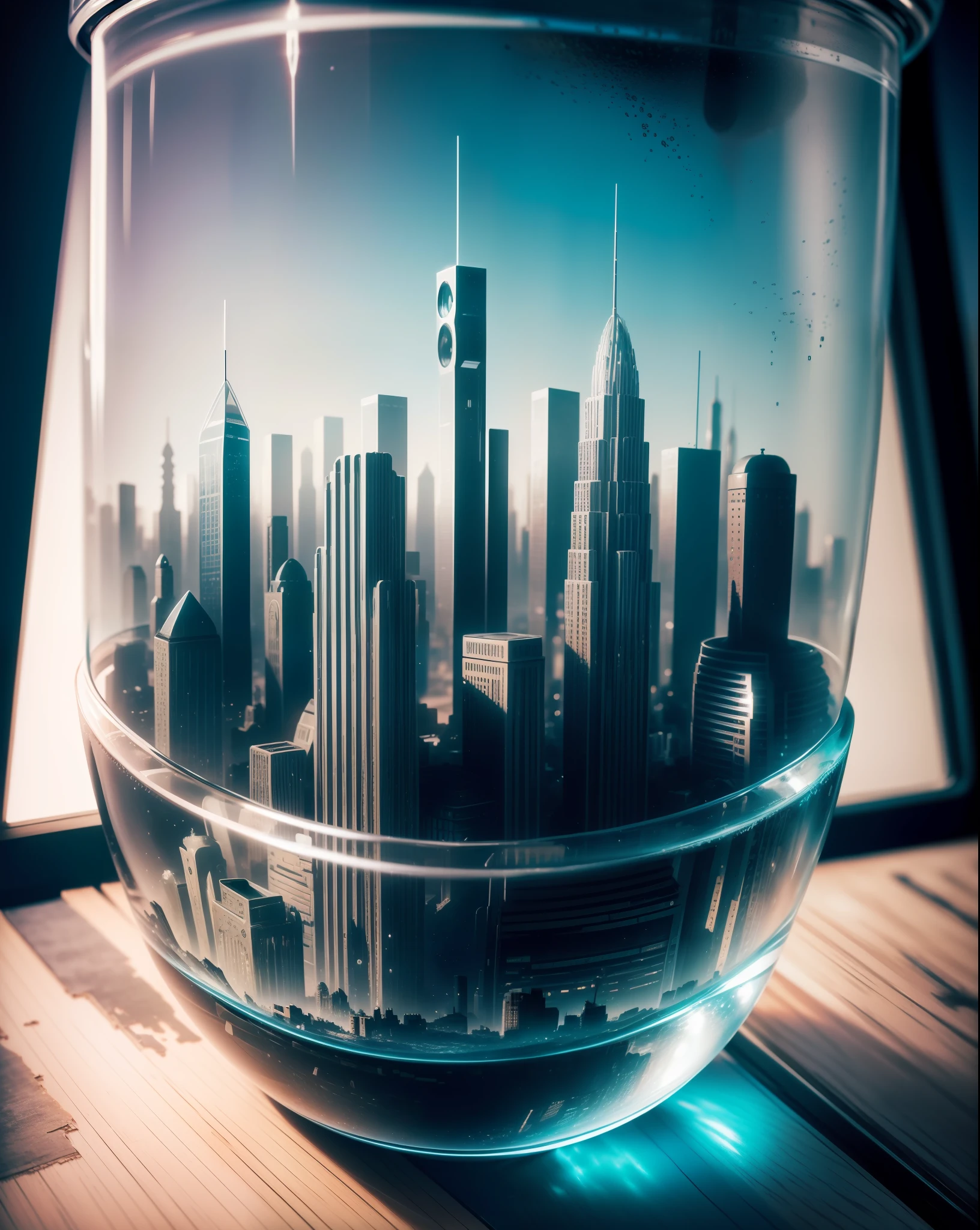 mini\(ttp\), (8k, RAW photo, best quality, masterpiece:1.2), ((miniature futuristic city skyline in a glass bowl sitting on old books)), out of focus book case,