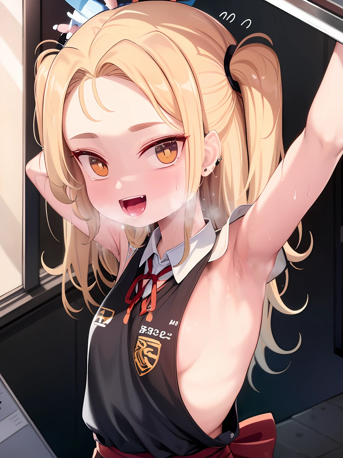 masterpiece, best quality, 1girl, soli, blonde hair, smile,happy,open mouth, two side up, school uniform, Presenting armpit, sweaty armpit, arm up,