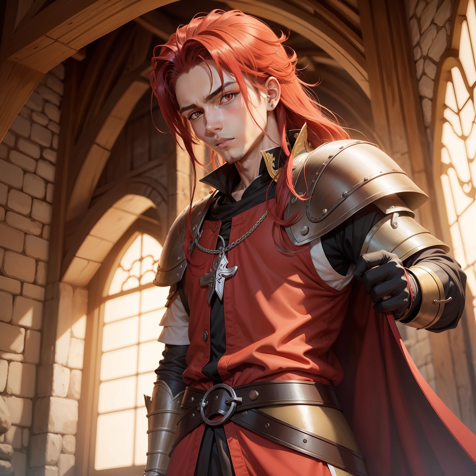 Anime garoto cabelo vermelho curto roupa medieval
