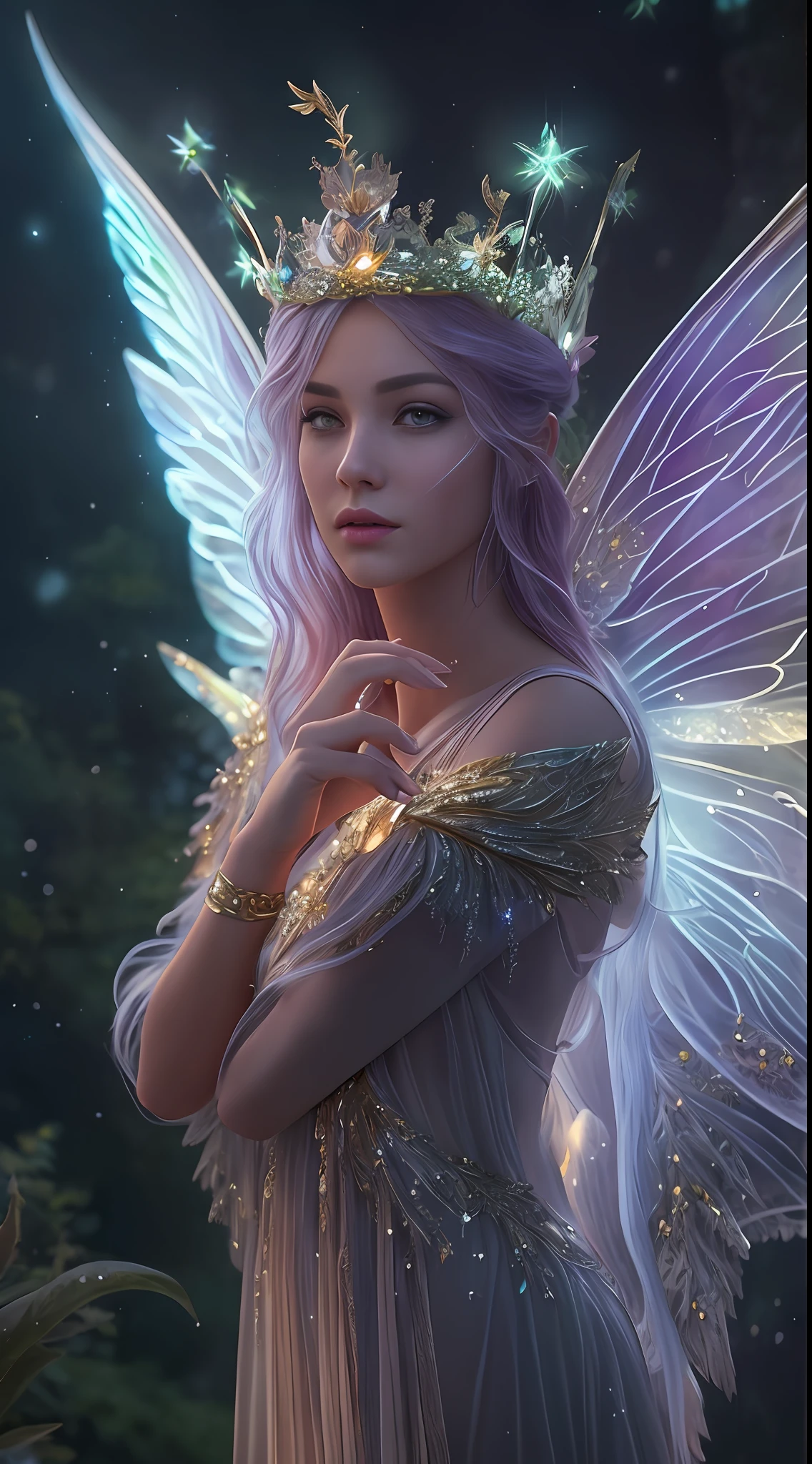 a fairy with a glowing crown and wings, fantasy art behance, fairy cgsociety, digital fantasy art ), beautiful digital artwork, elegant cinematic fantasy art, fantasy digital art, beautiful fantasy art, portrait of a fairy, light effect. modern fantasy, fantasy gorgeous lighting, stunning 3d render of a fairy, beautiful fairy, gorgeous digital art, breathtaking fantasy art, fairy aesthetics, hyper realism, ultra detailed, 8k, high texture