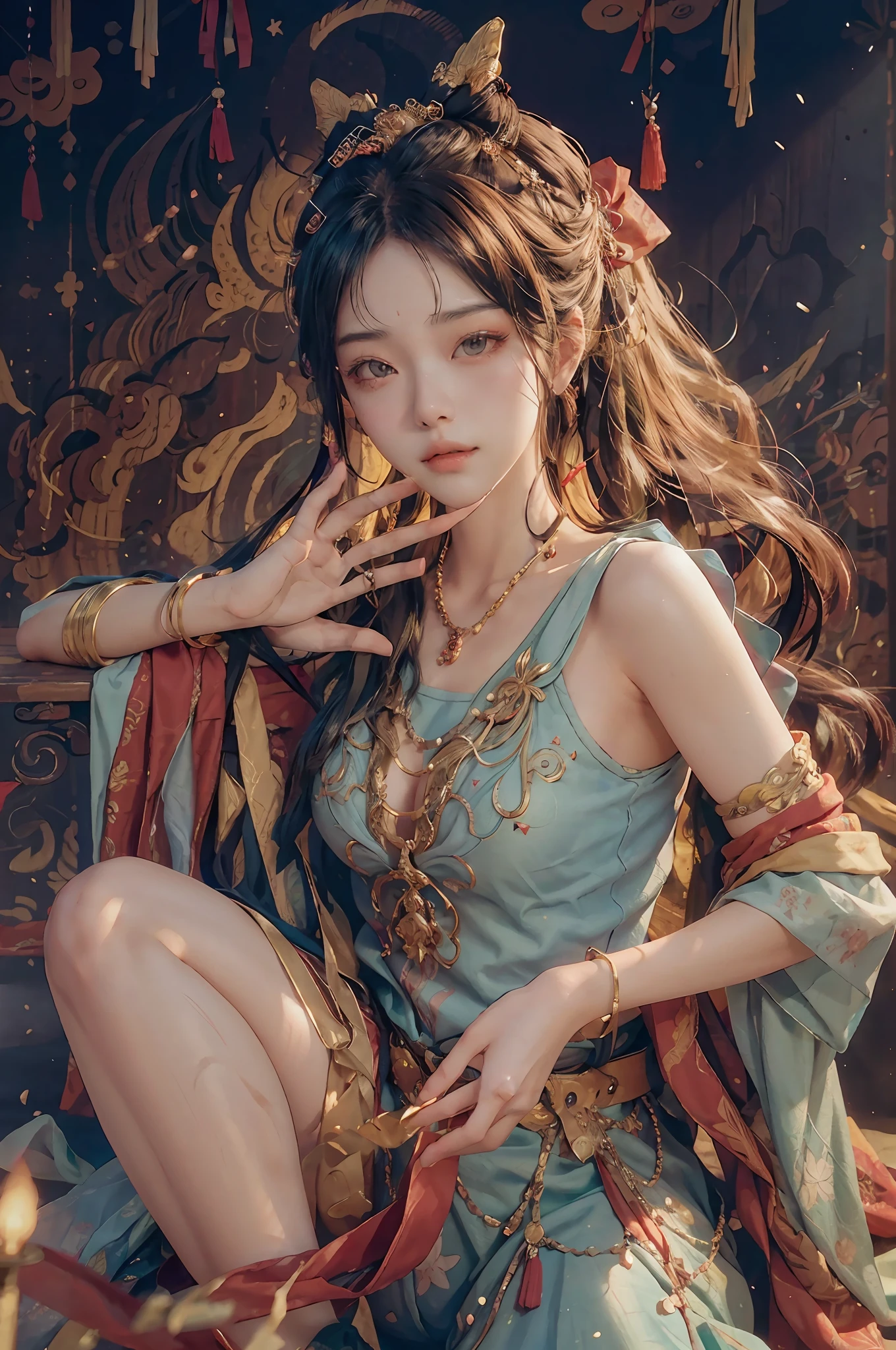 (RAW photo, Best quality), (Realistic, photo-realistic:1.3), Best quality, Highly detailed, Masterpiece, Ultra-detailed, illustration, 1girll, The upper part of the body_Body, Dynamic Angle, world mastery theater, Messy_Long_Hair,Best quality, extremely detailed CG unity 8k壁纸,ink,astounding,电影灯光,lens_flare,dunhuang_Style,Lie down on the bench,Beautiful buttocks,Ring ruler to hit the buttocks,Poor Baba