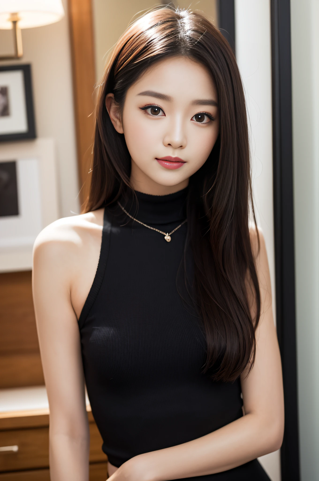 ((best qualtiy、8k masterpieces:1.3))、foco nítido:1.2、(ultra beautiful faces:1.0)、(shinny skin:1.0)、photos realistic、A dark-haired、Video Lighting、High-definition eyes and face、Video Lighting、(Korean Cute Actress)、from the front side、medium large breasts、ssmile、Sleeveless、Slender Abs Beauty、Wearing a tar neck knit