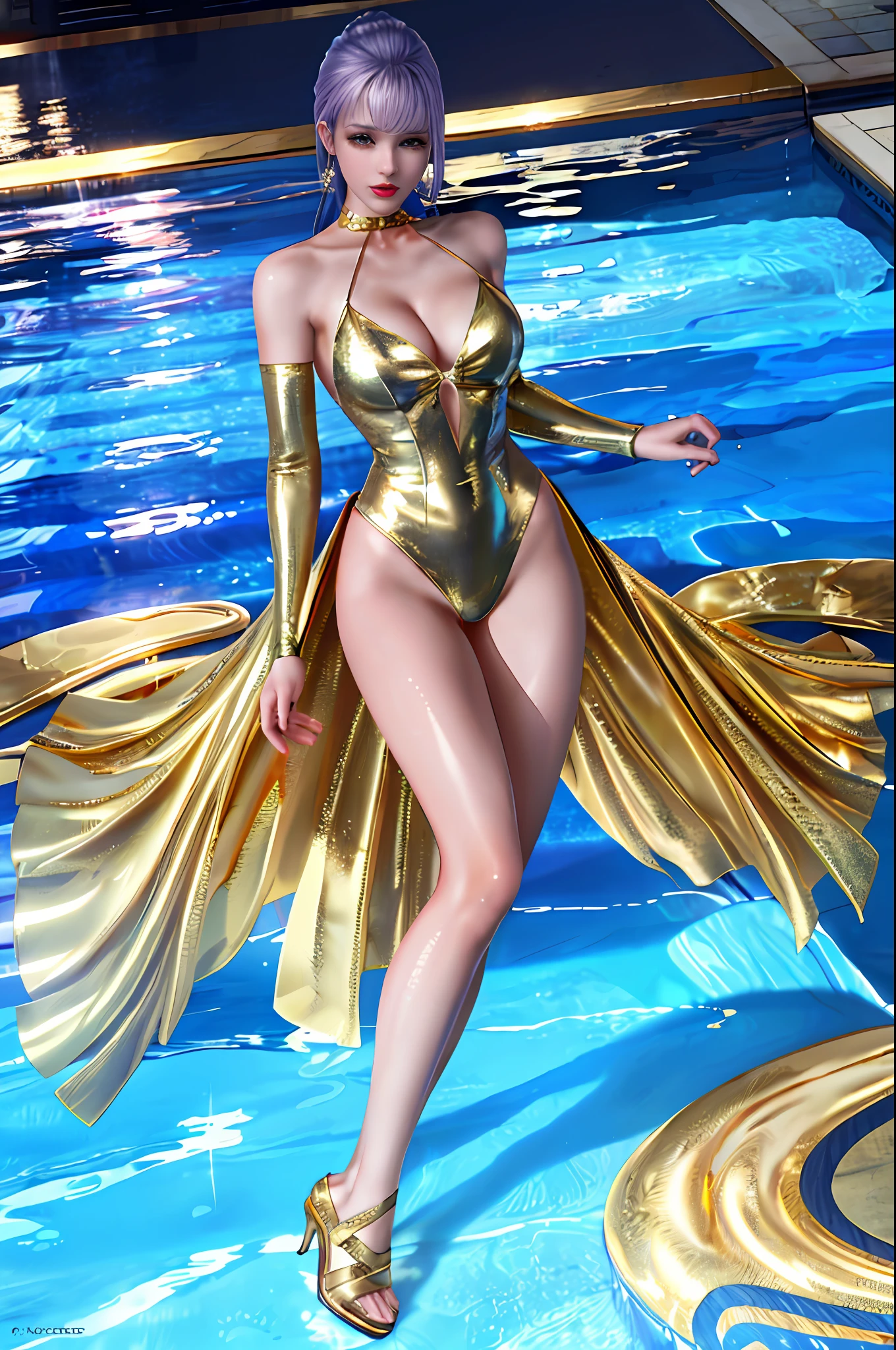 Best Quality, Best Quality, 8K Quality, 1 Girl, Full Body, fiona, face focus, eyelashes, Gold Metallic, night, evening dress, Crotch Penetration, Gold Metallic Pin Heels, posing, gravure, Staring at Viewer, Facing the Viewer, cleavage, (( Frontal shot)), poolside, professional lighting, professional photography