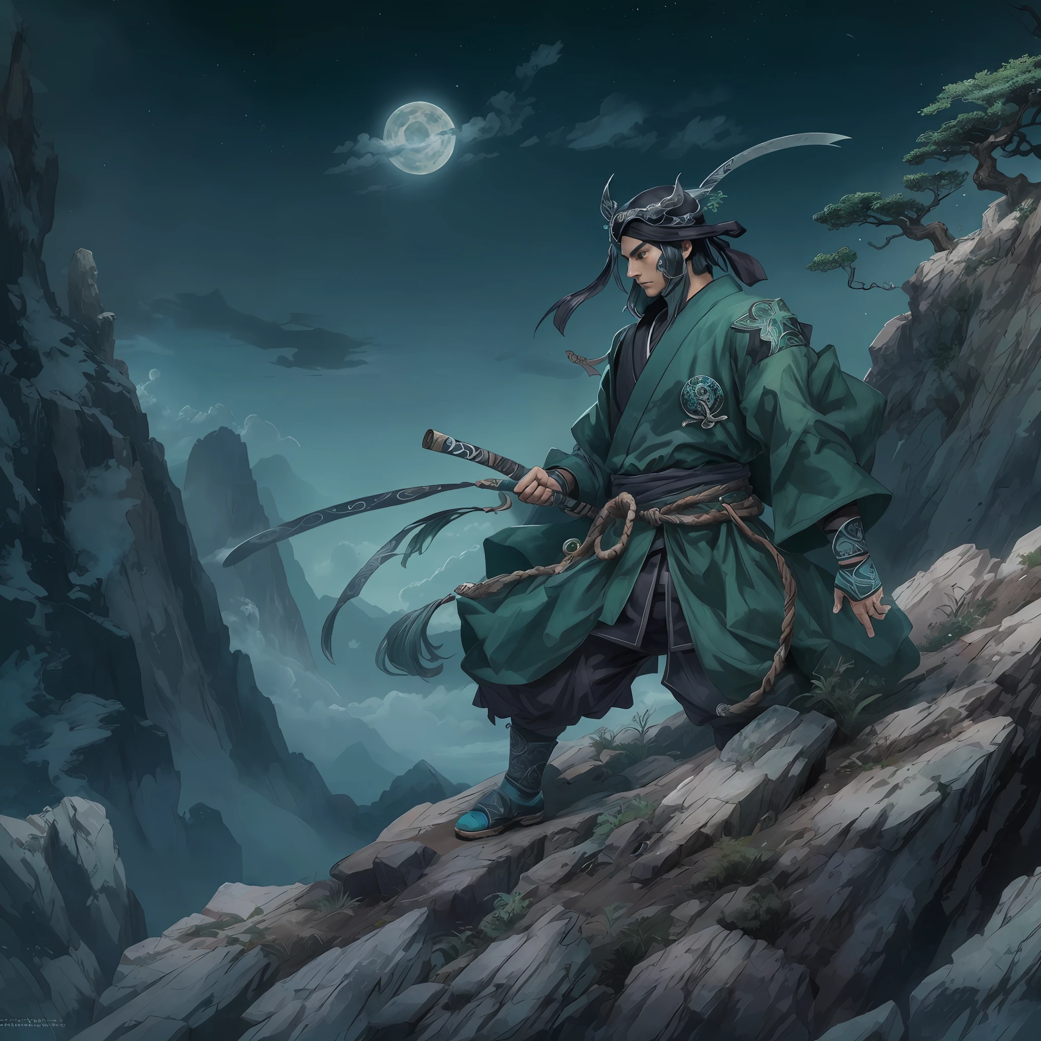mystic ninja，Detailed face，Detailed eyes，Clear eyes，Gui Zen，Exotic beasts of mountains and seas，Dark green and black details, Loose and thick clothing covers the body，standing on cliff，Bask in the luxury of Yoshitaka Amano in the moonlight，fanciful，sci-fy，the complex background（full bodyesbian），((dynamicposes))，Colorful wallpapers，Highly detailed，Masterpiece，best qualtiy，art  stations