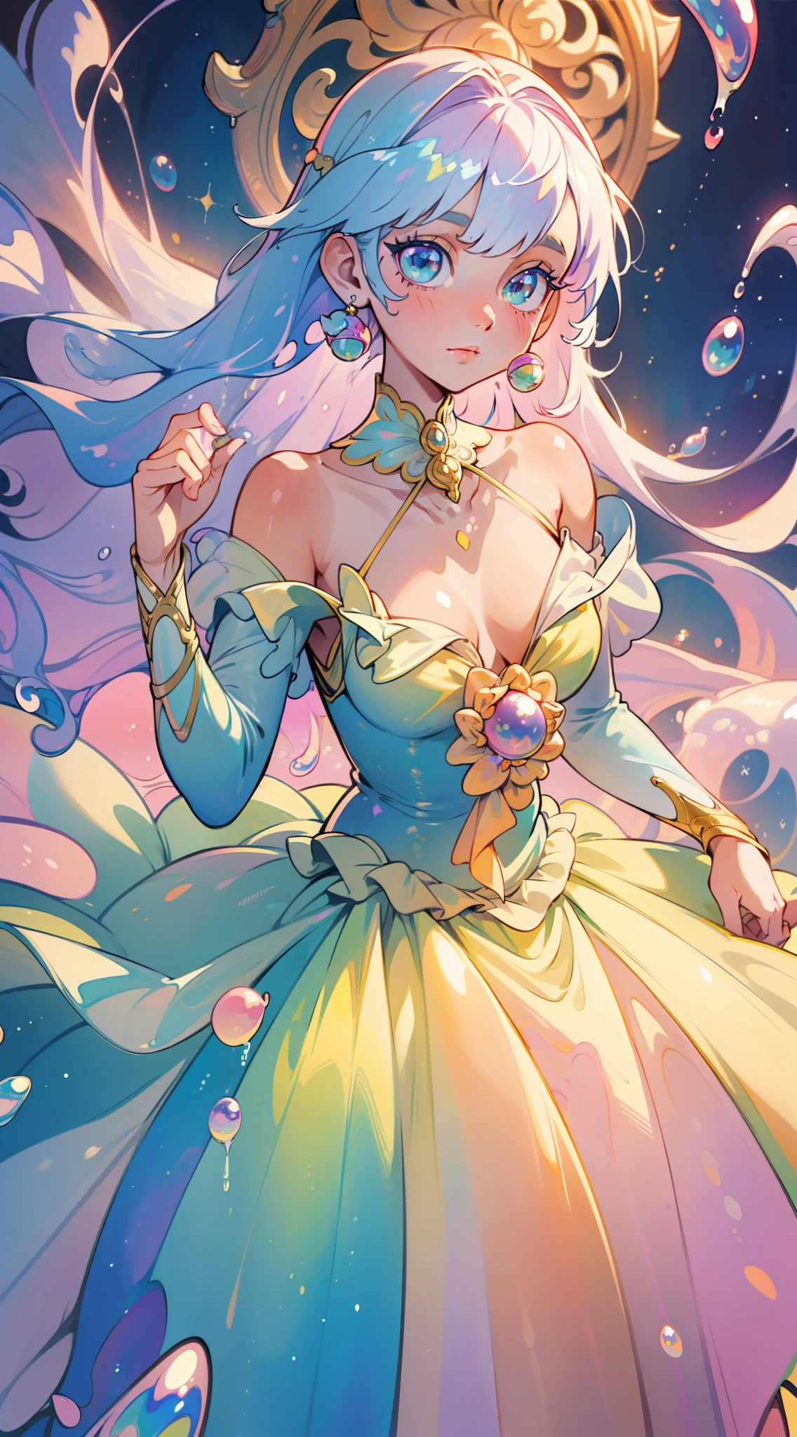 masterpiece, best quality, 8k resolution, sharp focus, intricate detail, beautiful girl, sparkling eyes, golden ratio face, otherworldly liquid, watercolor, ((pastel colors)), bright colors, whimsical, colorful, sharp focus, high resolution, fine detail, ((ballgown made of liquid)), iridescent bubbles