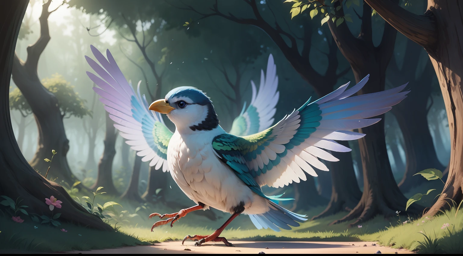 Create an illustration of a cute bird, of rainbow feathers and friendly features flying through an enchanted forest
